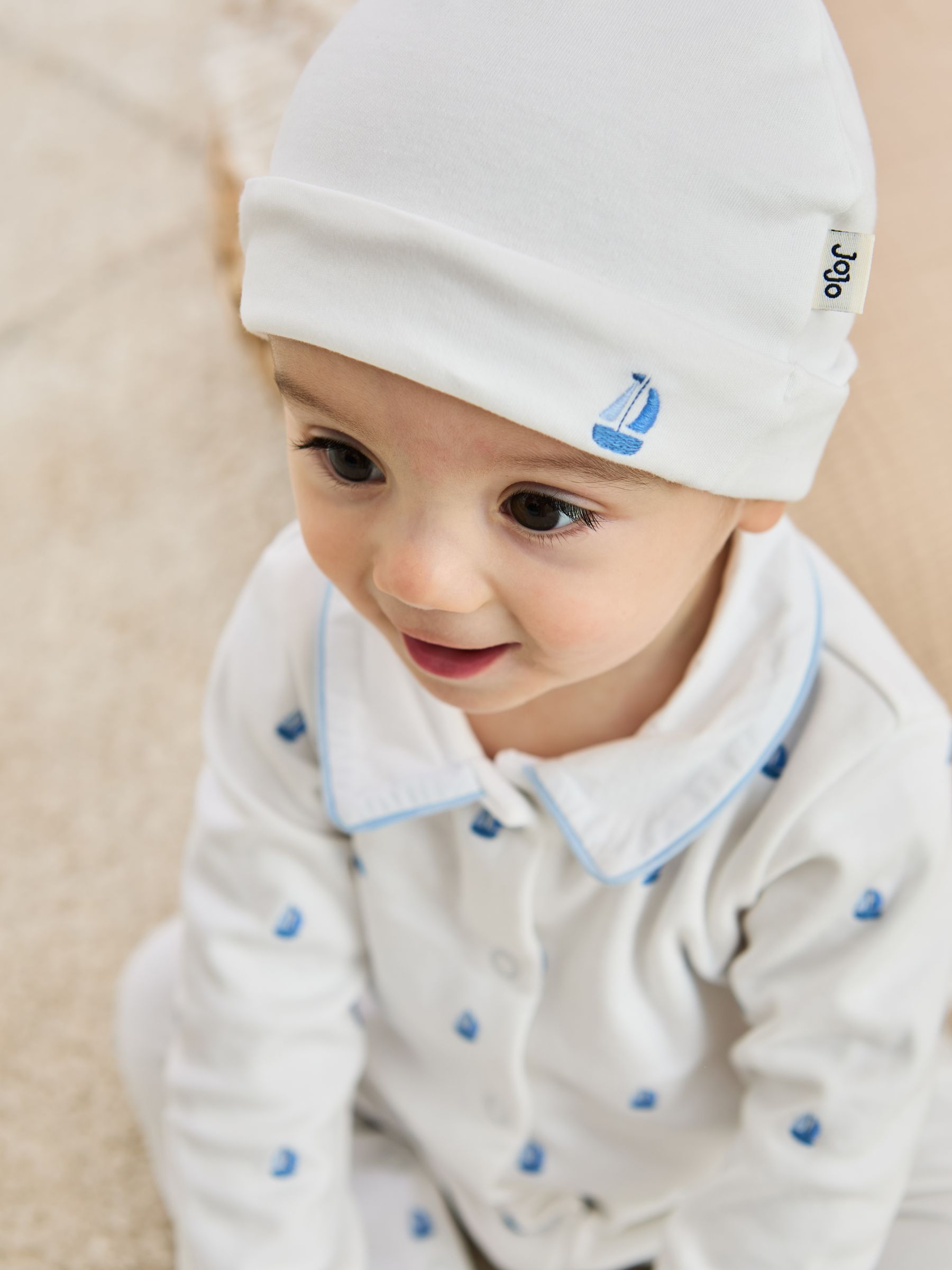 White Cotton 2-Piece Embroidered Sleepsuit and Hat Set - Image 3 of 7