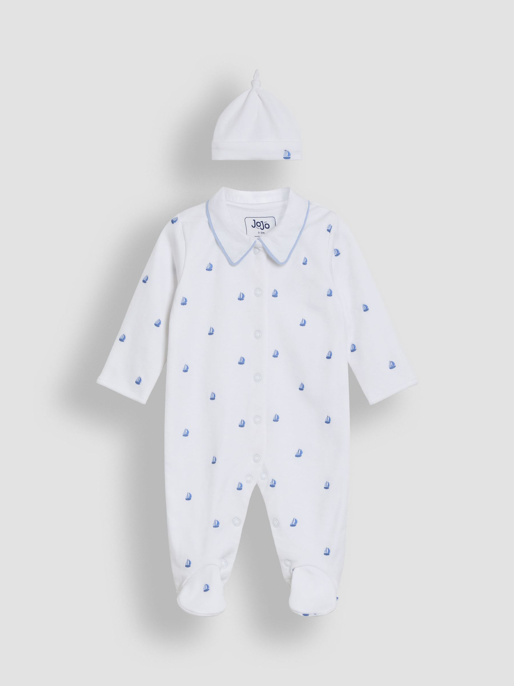 White Cotton 2-Piece Embroidered Sleepsuit and Hat Set - Image 4 of 7
