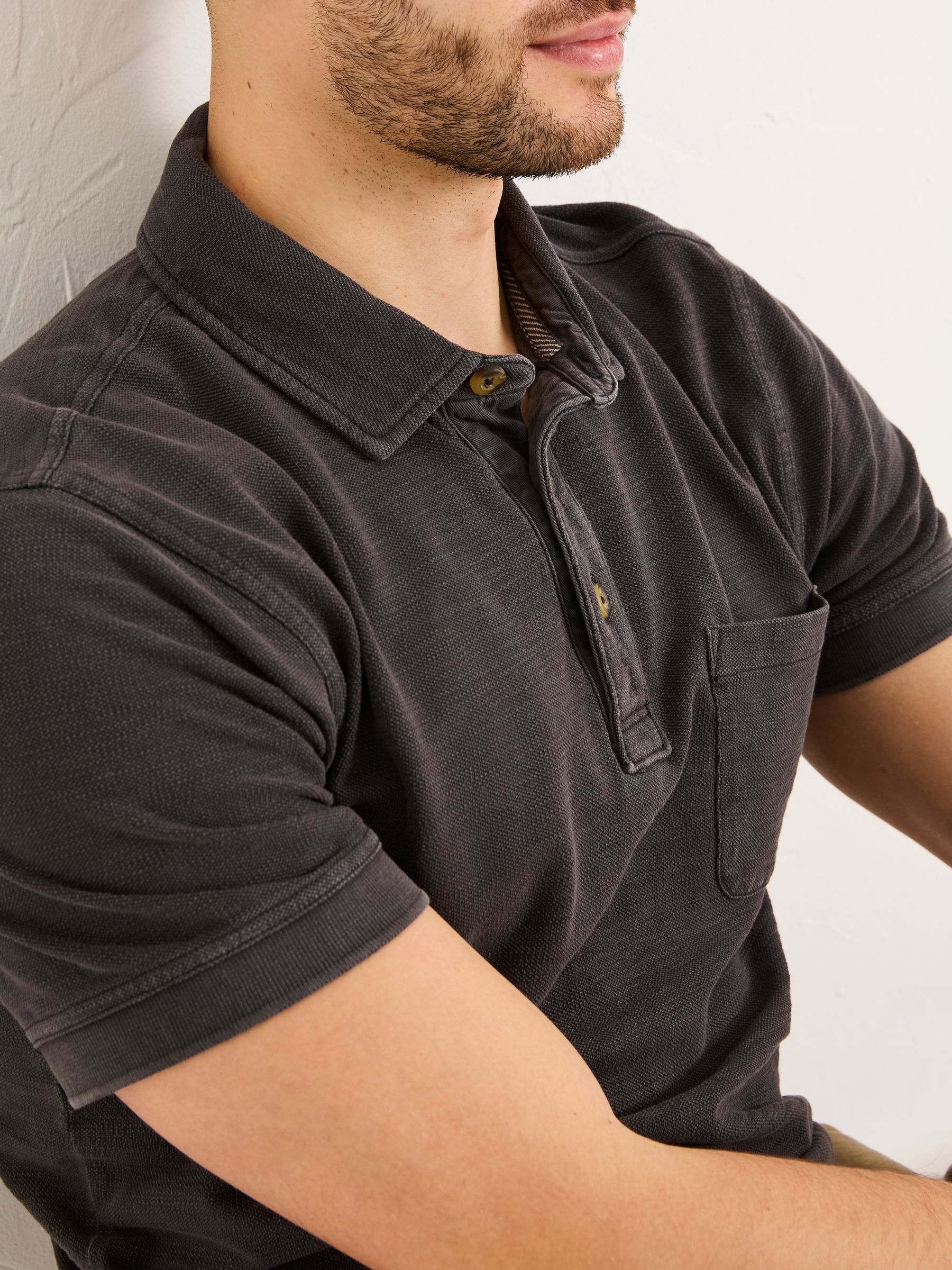 Washed Black Short Sleeve Slub Pique Polo - Image 3 of 4