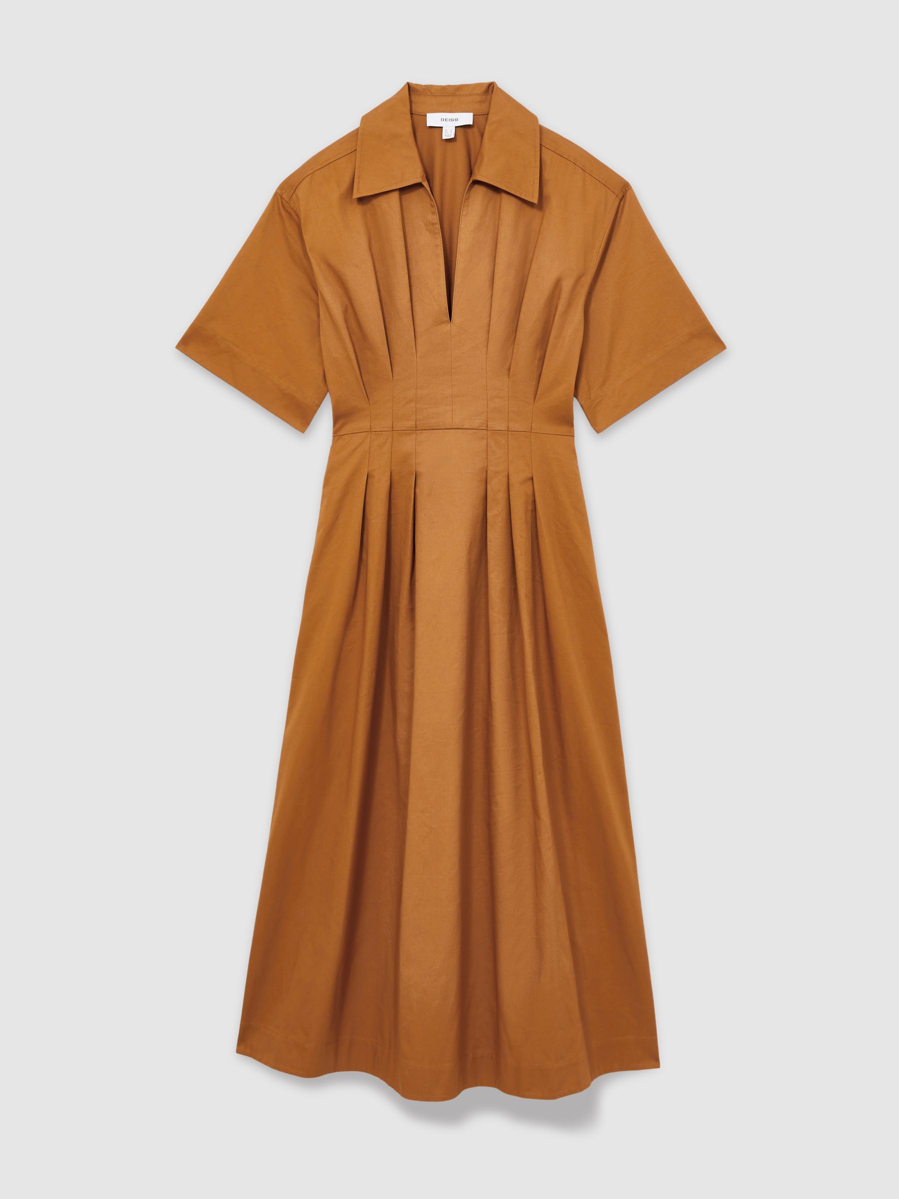 Cotton Pleated-Waist Midi Dress in Rust