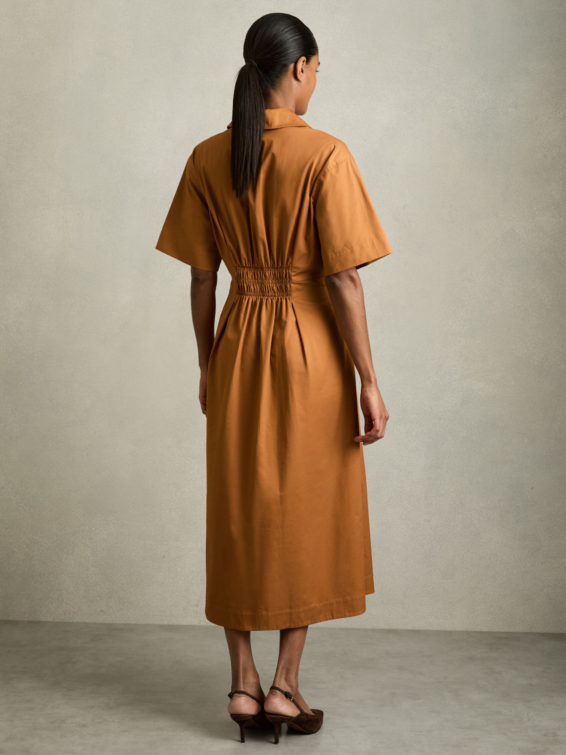 Cotton Pleated-Waist Midi Dress in Rust - Image 6 of 7