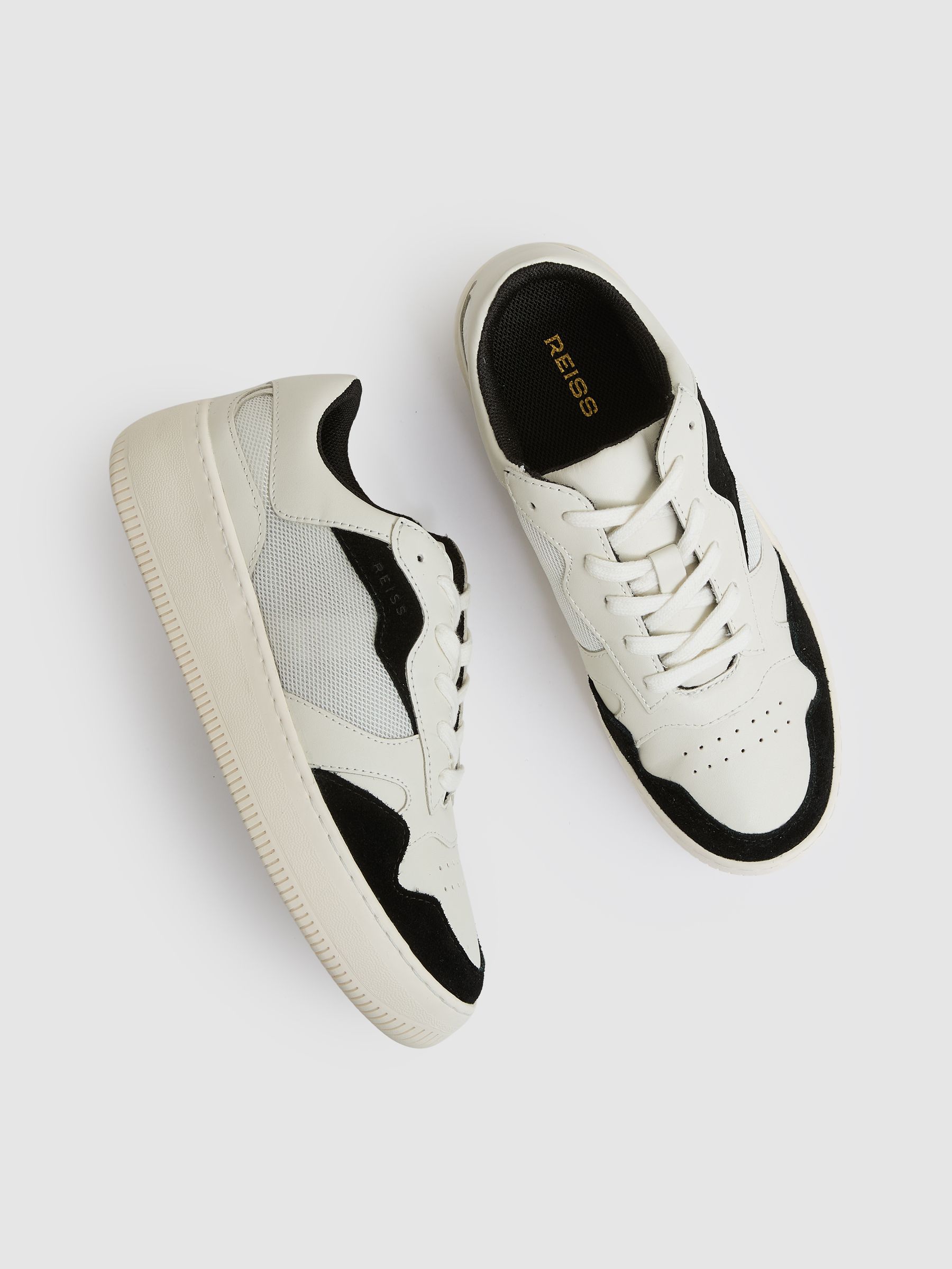 Leather And Mesh Platform Trainers in Black/White - Image 3 of 5