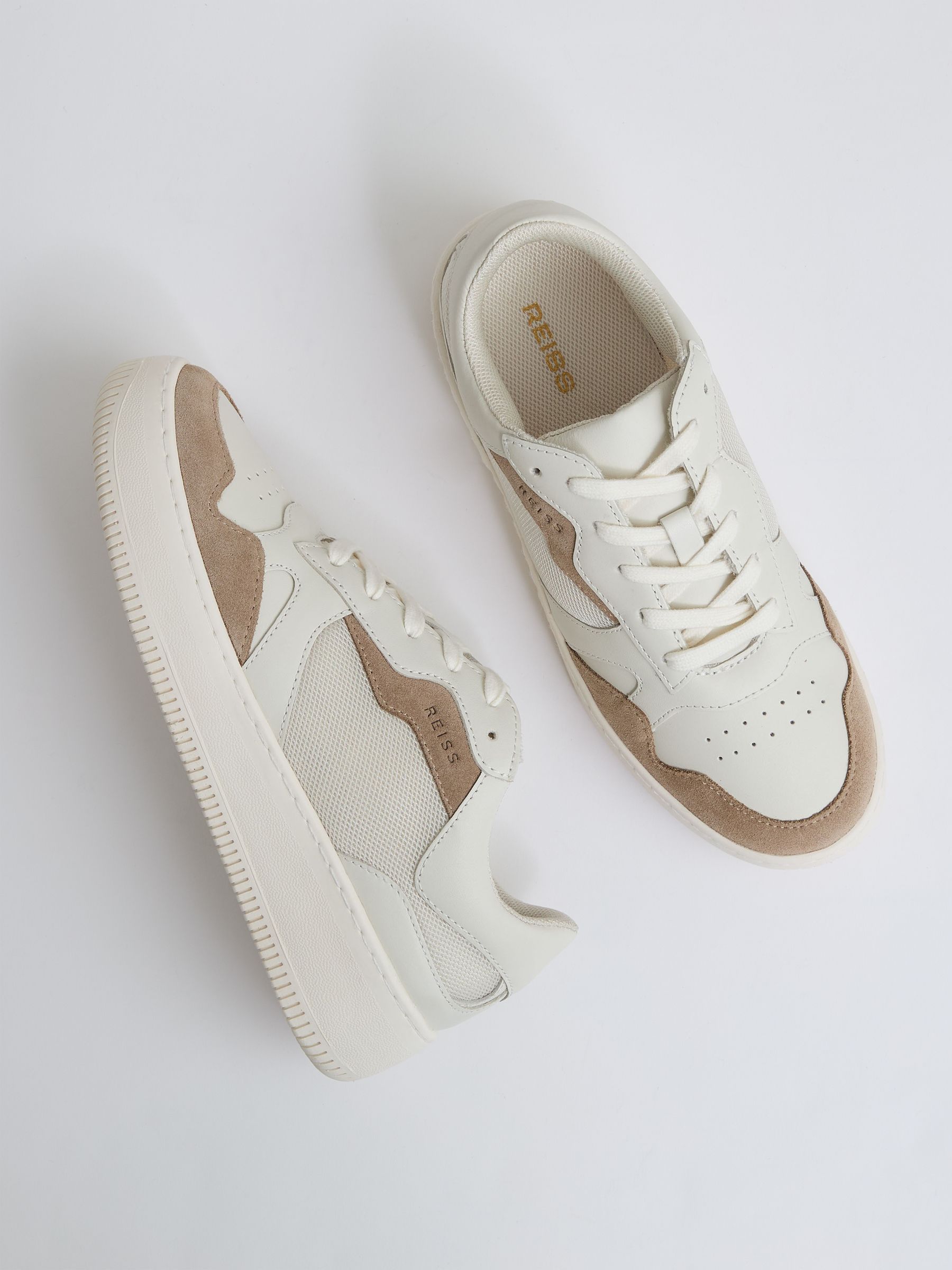 Leather And Mesh Platform Trainers in Taupe - Image 3 of 5