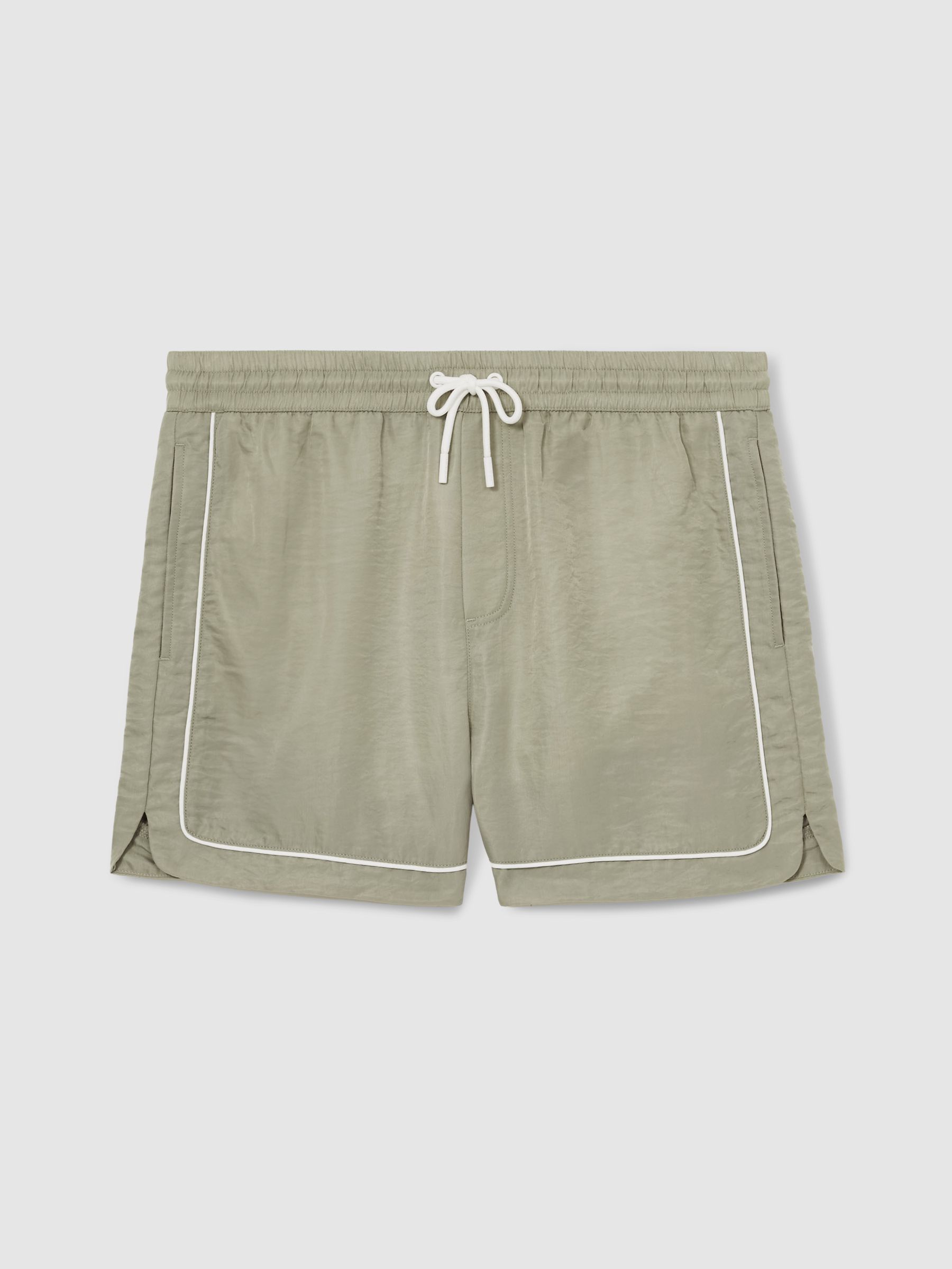 Piped Drawstring Swim Shorts in Pistachio/Off White - Image 2 of 6