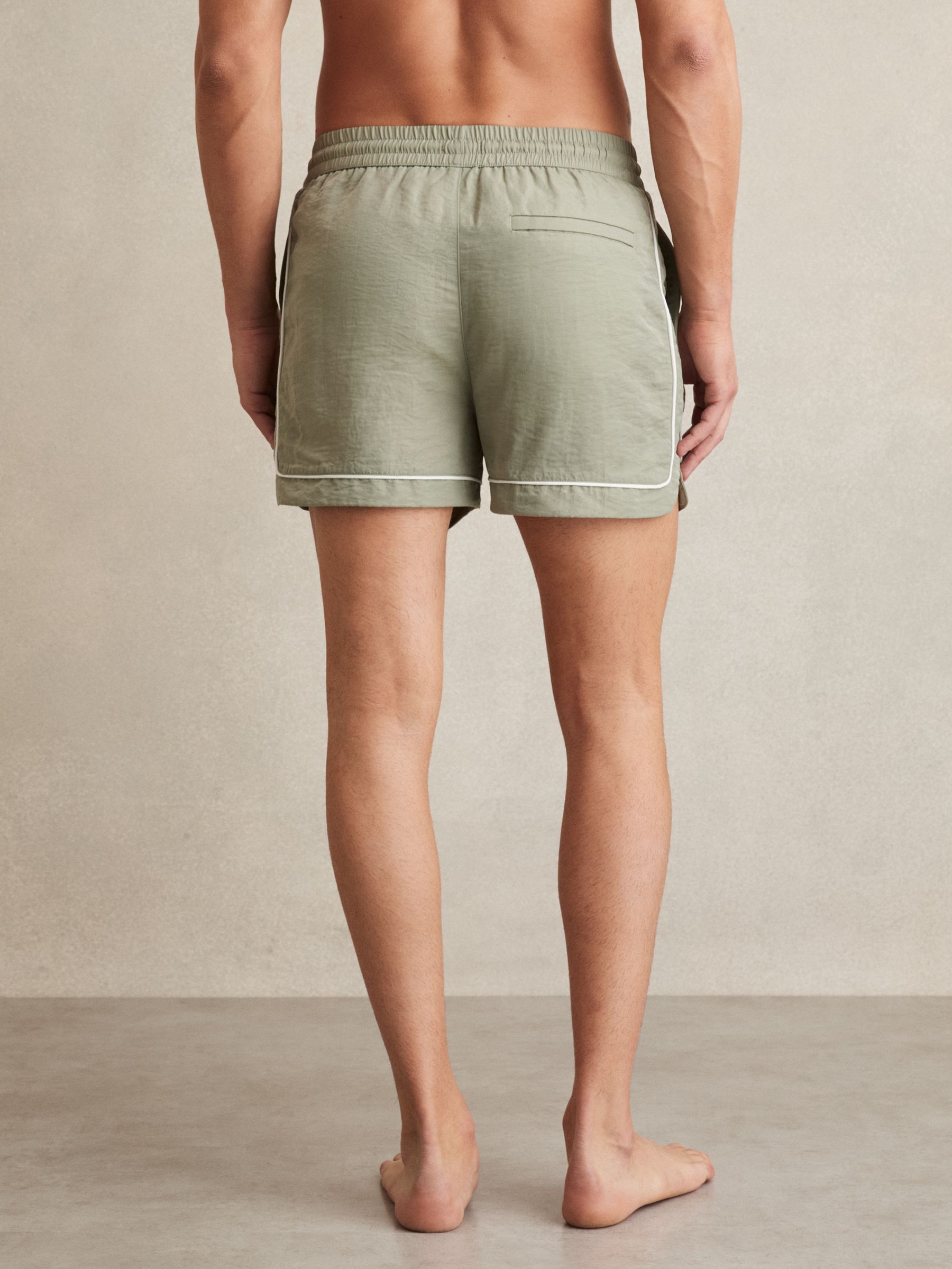 Piped Drawstring Swim Shorts in Pistachio/Off White - Image 5 of 6
