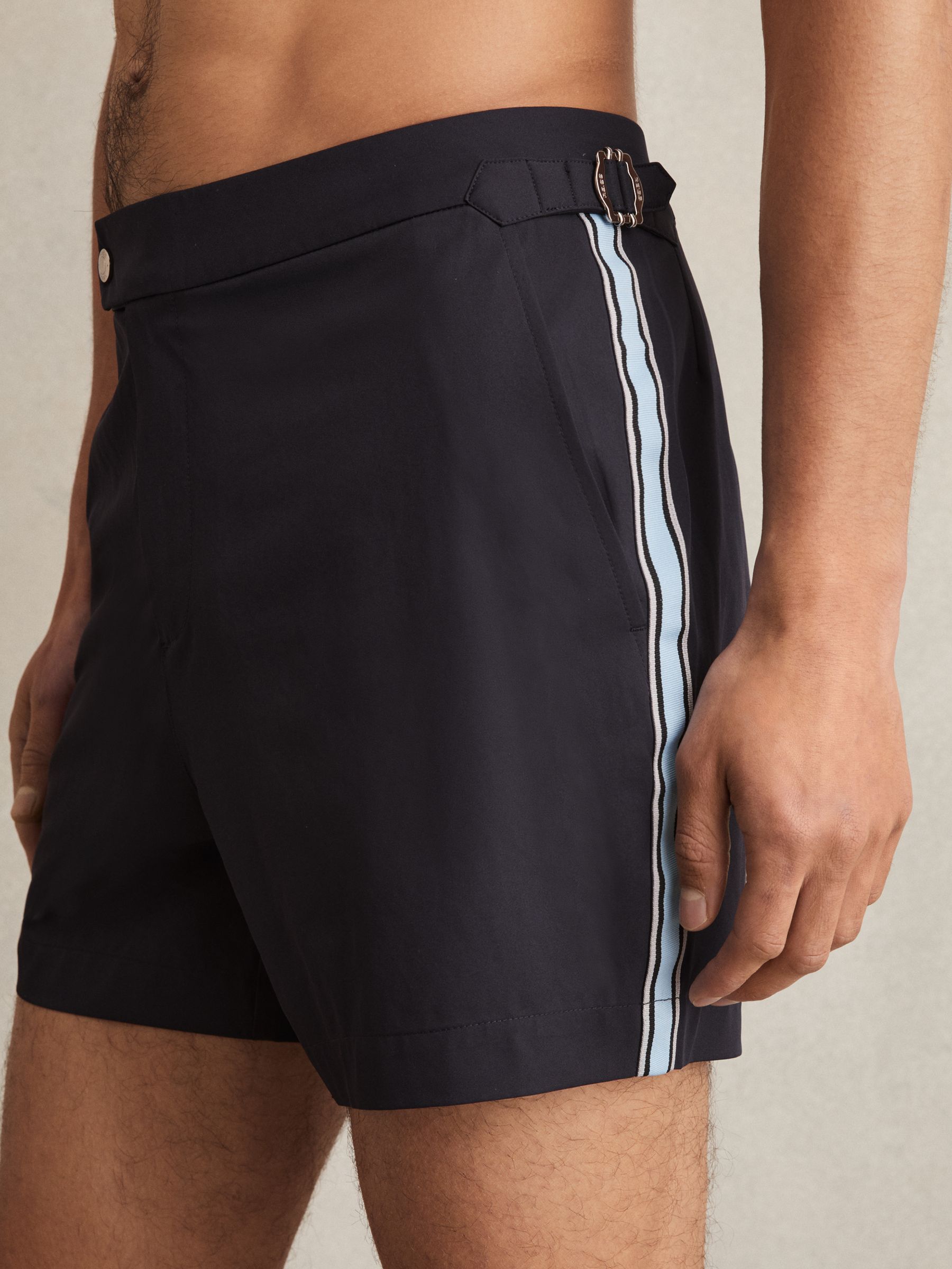 Stripe Side Adjuster Swim Shorts in Navy/Blue Stripe - Image 4 of 6