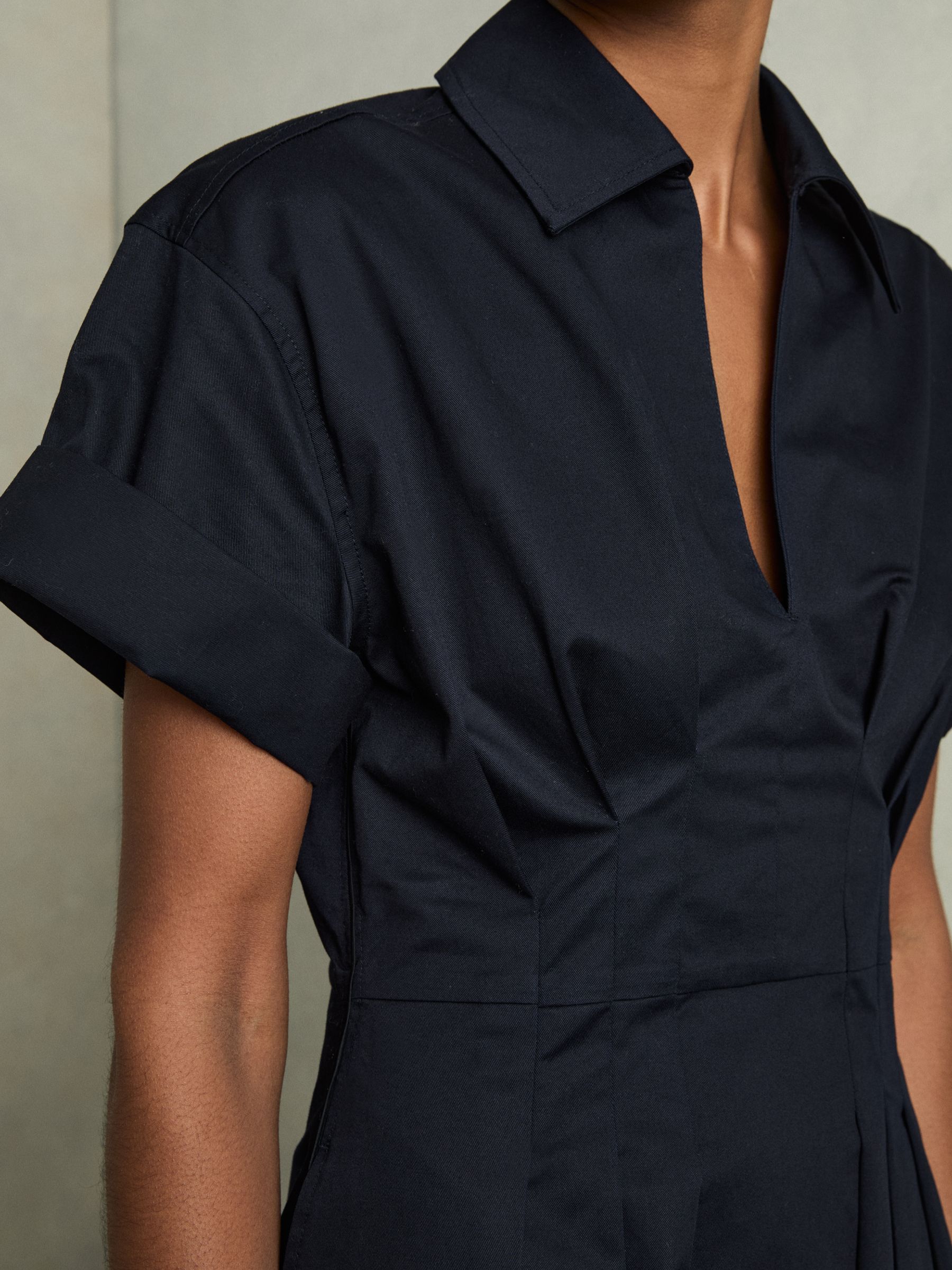 Cotton Pleated-Waist Midi Dress in Navy - Image 3 of 5