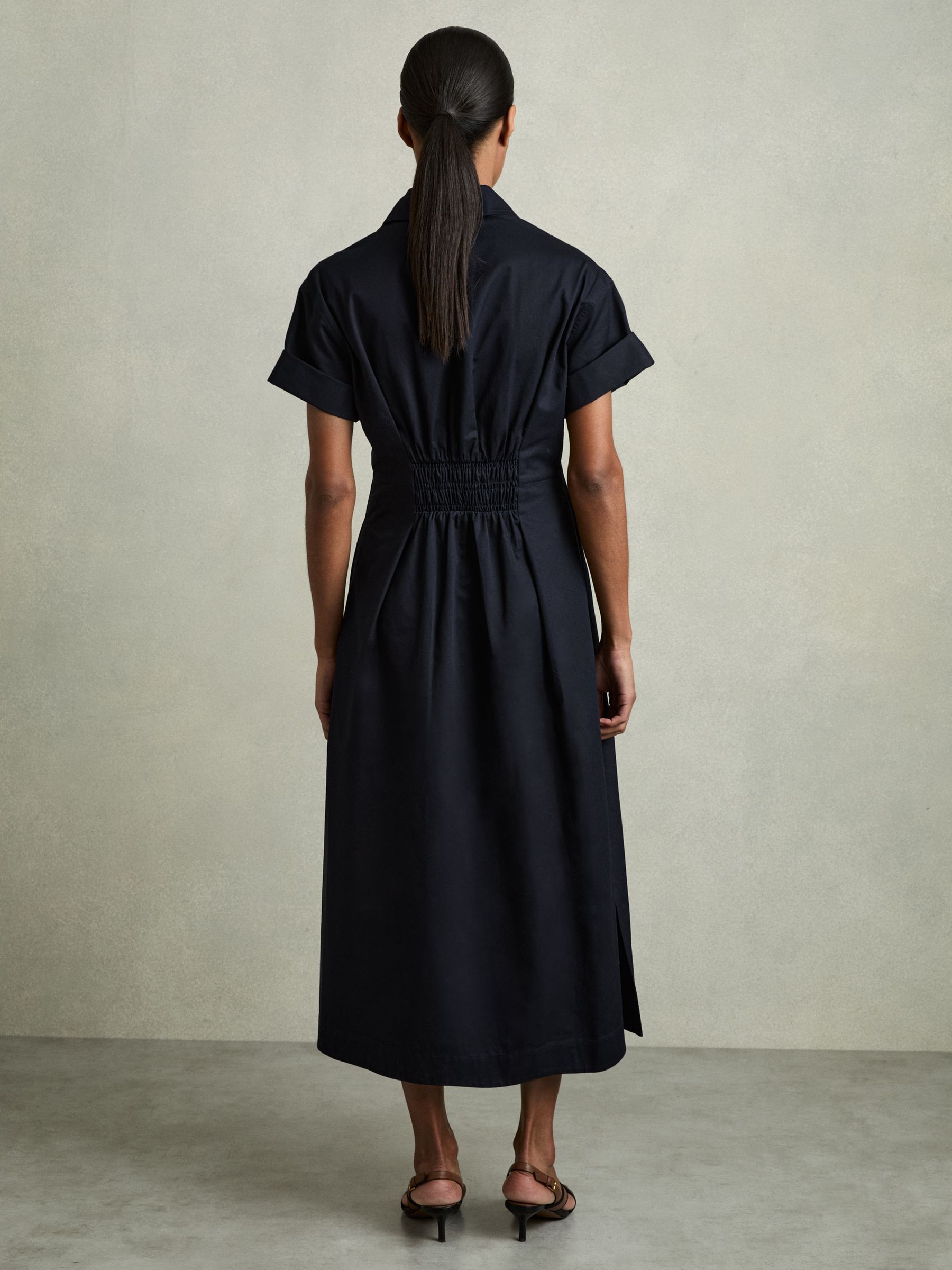Cotton Pleated-Waist Midi Dress in Navy - Image 4 of 5