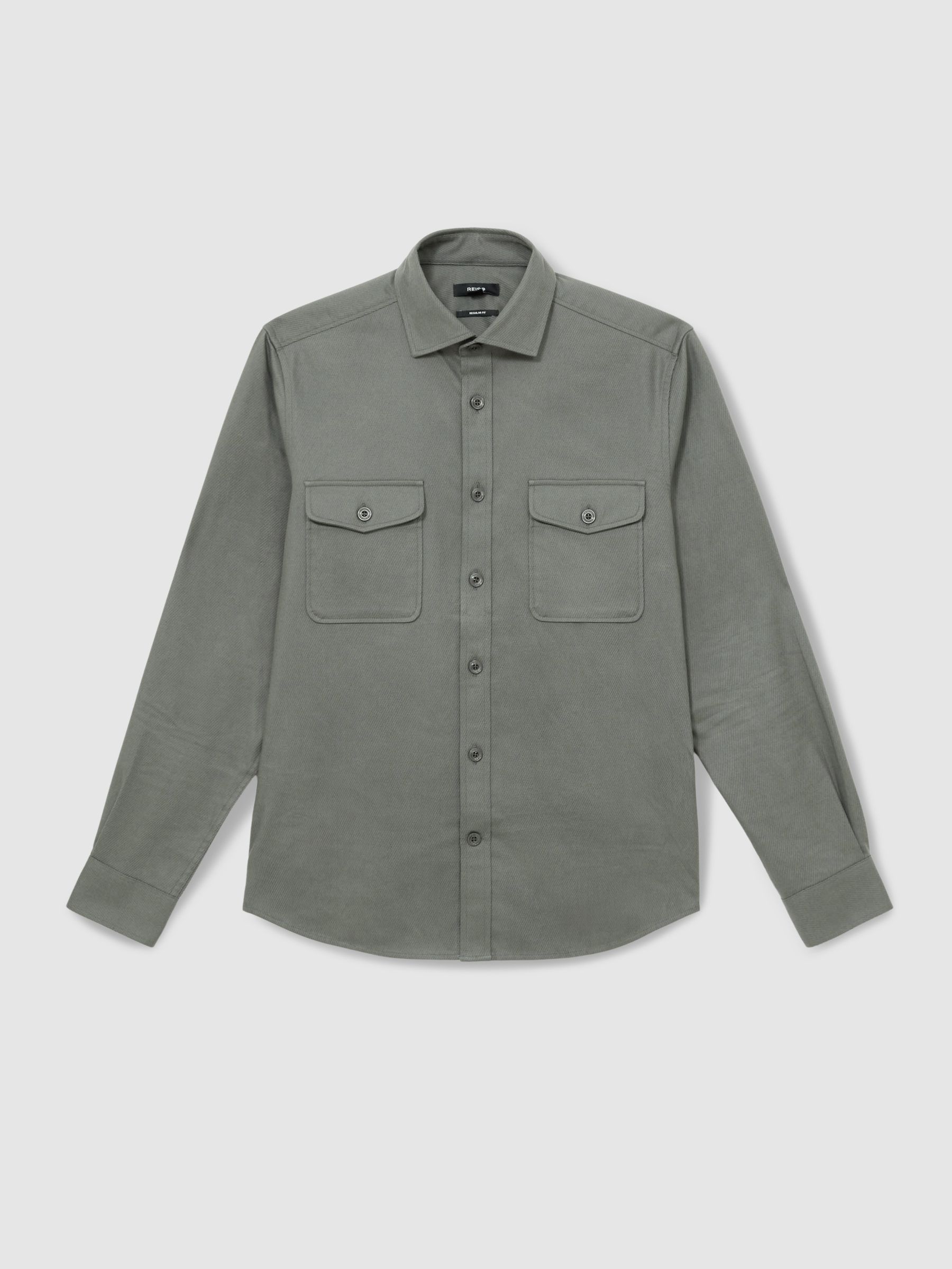 Stretch-Cotton Twill Twin-Pocket Overshirt in Sage - Image 2 of 6