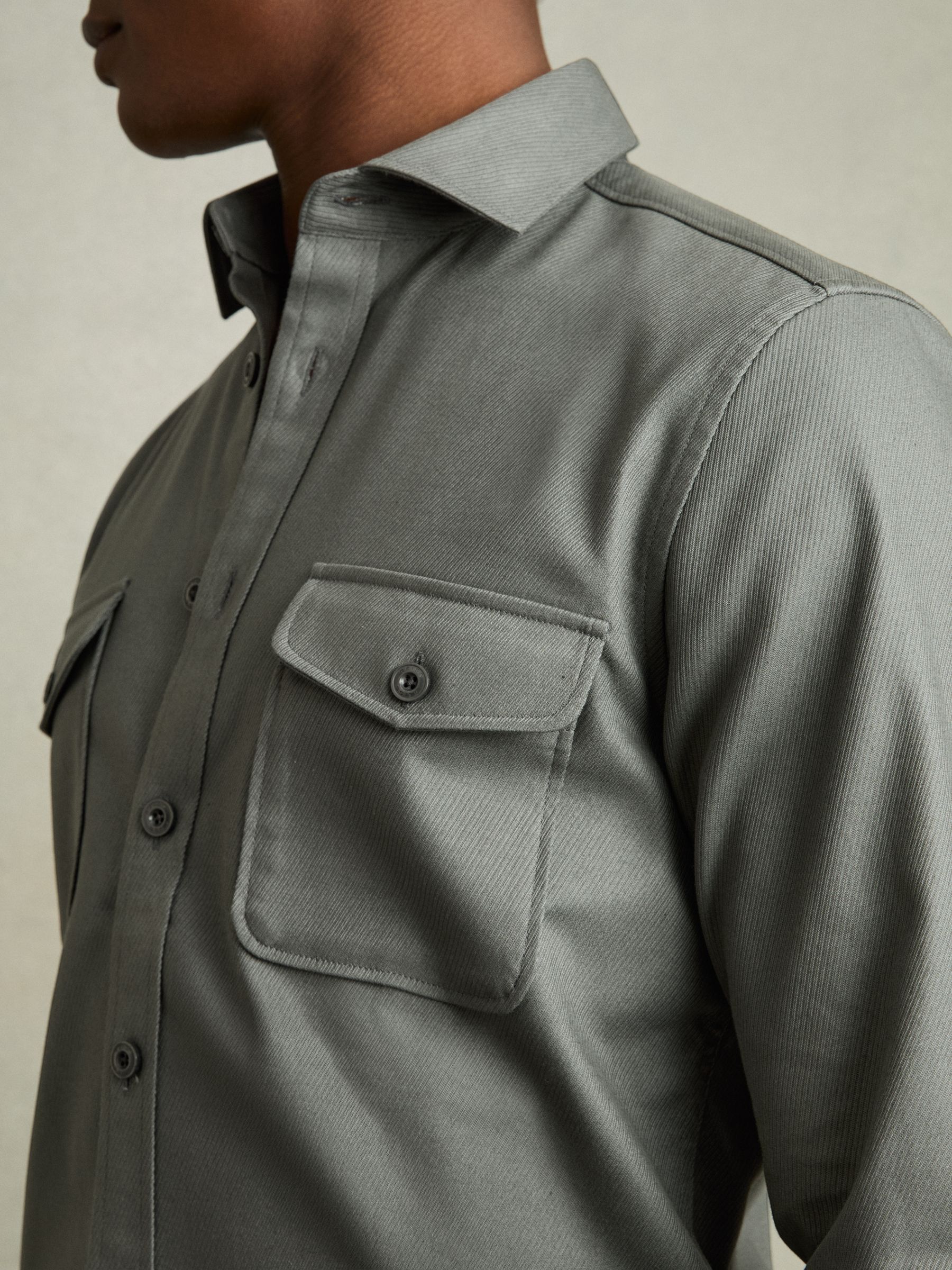 Stretch-Cotton Twill Twin-Pocket Overshirt in Sage - Image 4 of 6