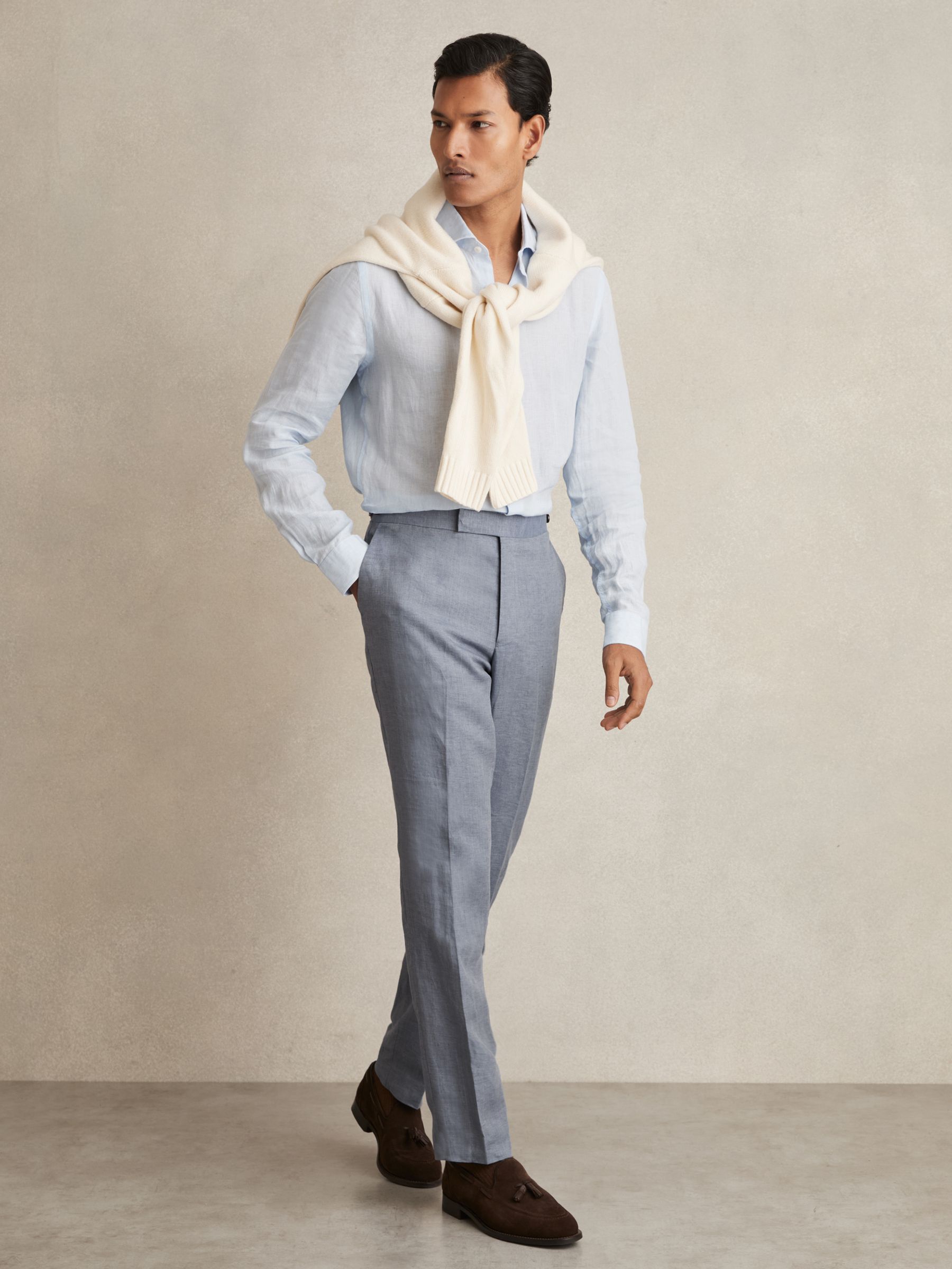 Linen Slim-Fit Suit Trousers in Airforce Blue - Image 1 of 7