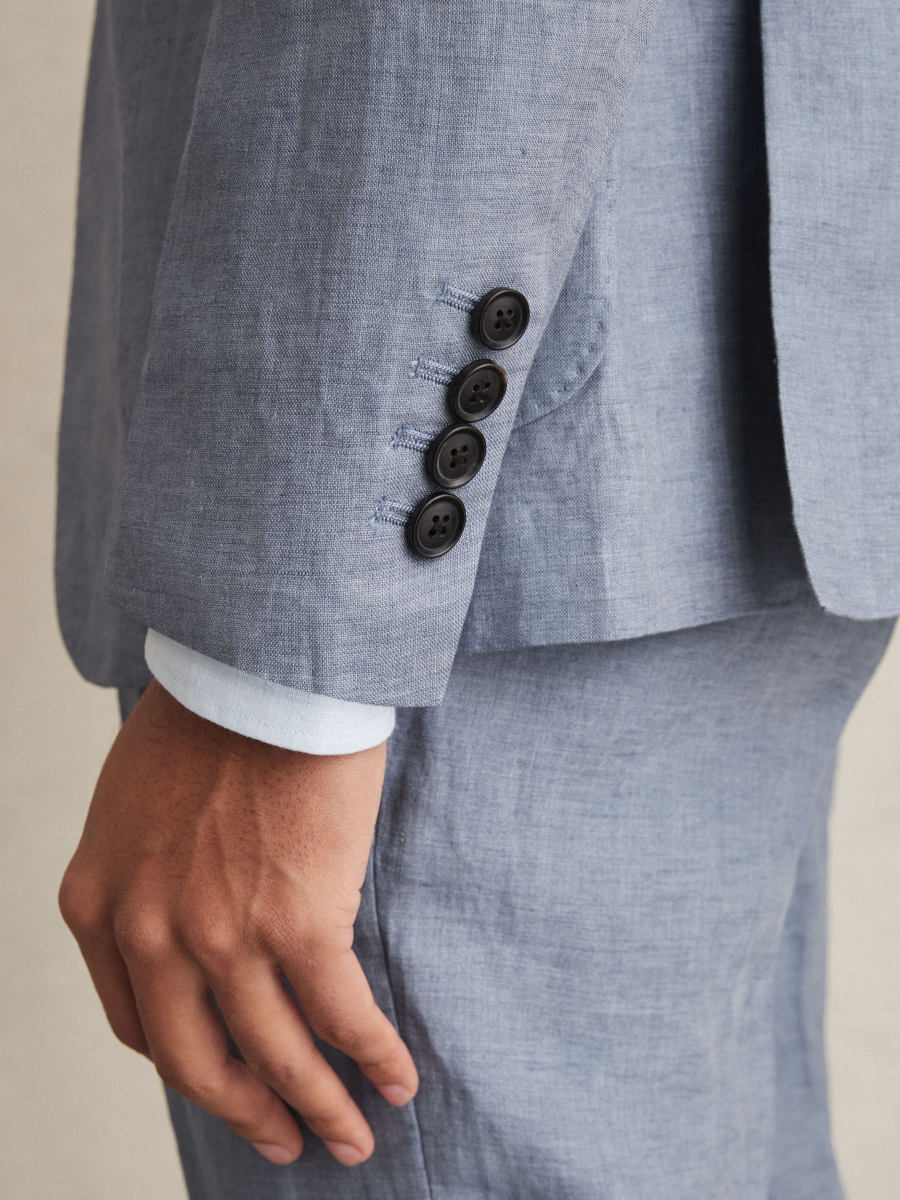 Linen Single-Breasted Suit Blazer Slim-Fit in Airforce Blue - Image 3 of 7