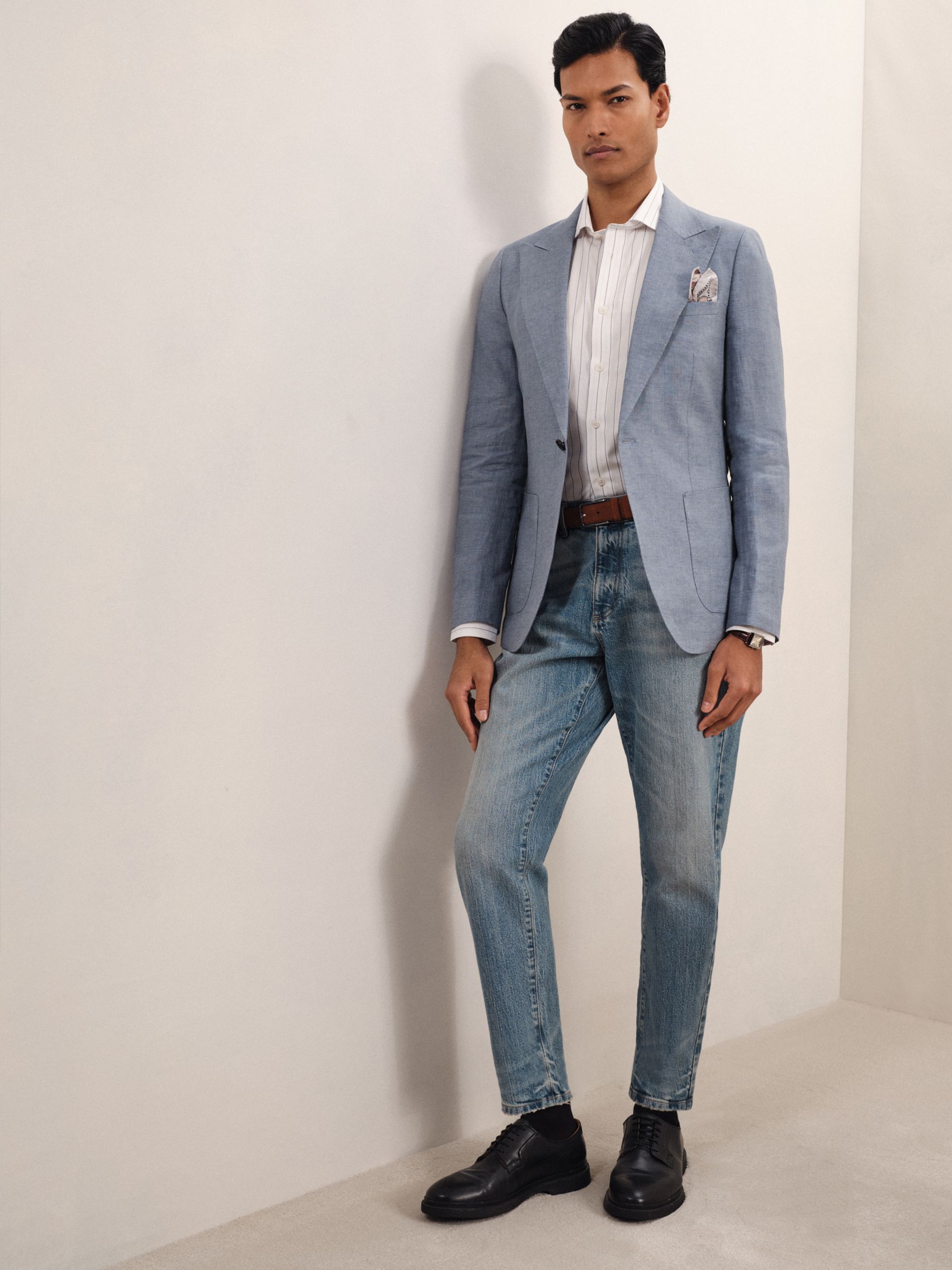 Linen Single-Breasted Suit Blazer Slim-Fit in Airforce Blue - Image 6 of 7