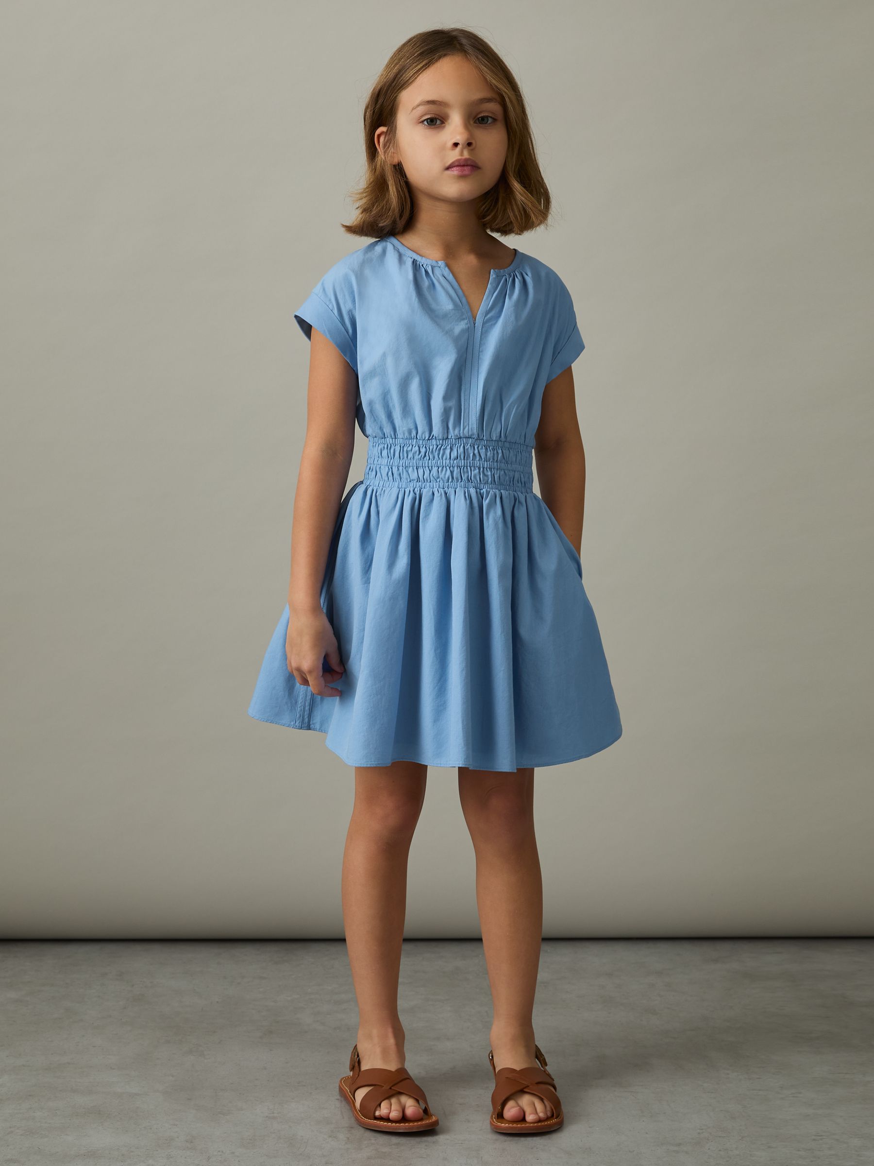9-13 yrs Cotton Cap-Sleeve Ruched Dress in Blue - Image 3 of 4