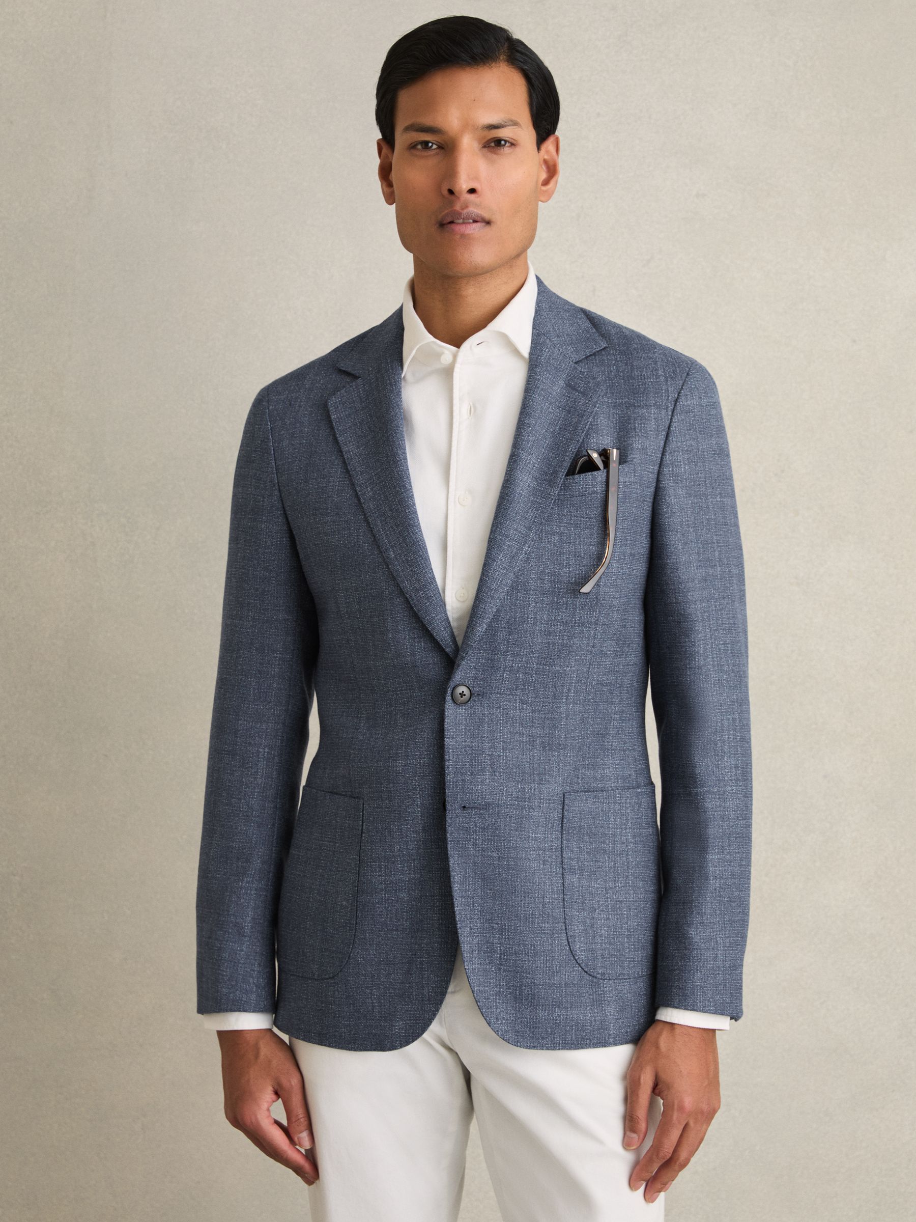 Slim-Fit Single-Breasted Wool-Blend Textured Blazer in Blue - Image 1 of 9