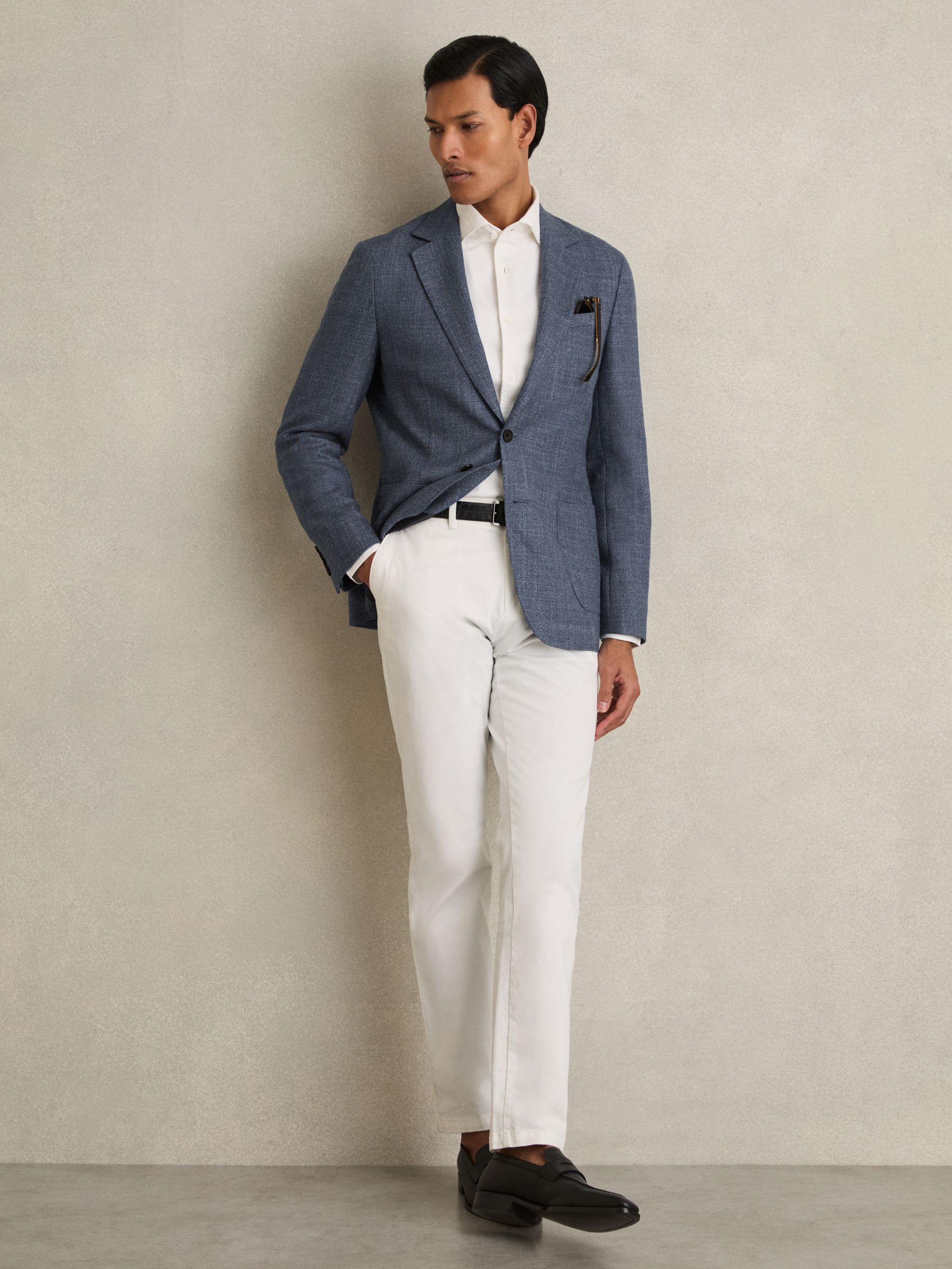 Slim-Fit Single-Breasted Wool-Blend Textured Blazer in Blue - Image 3 of 9