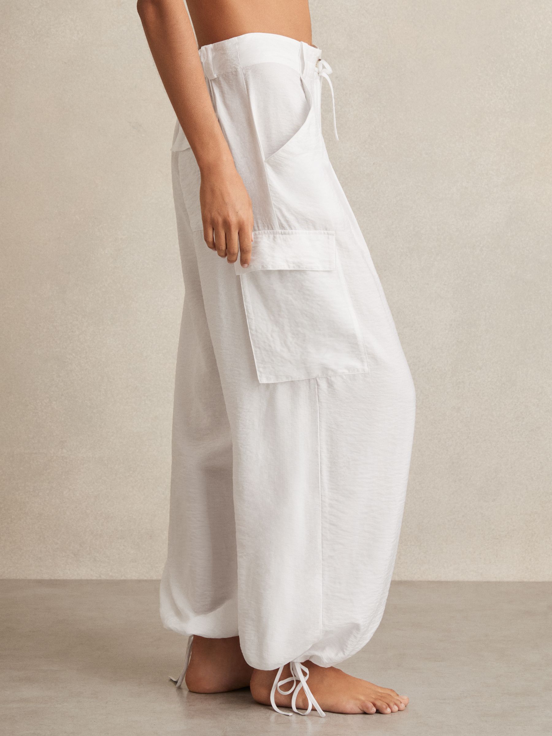 Drawstring Tie-Cuff Cargo Trousers in White - Image 3 of 6