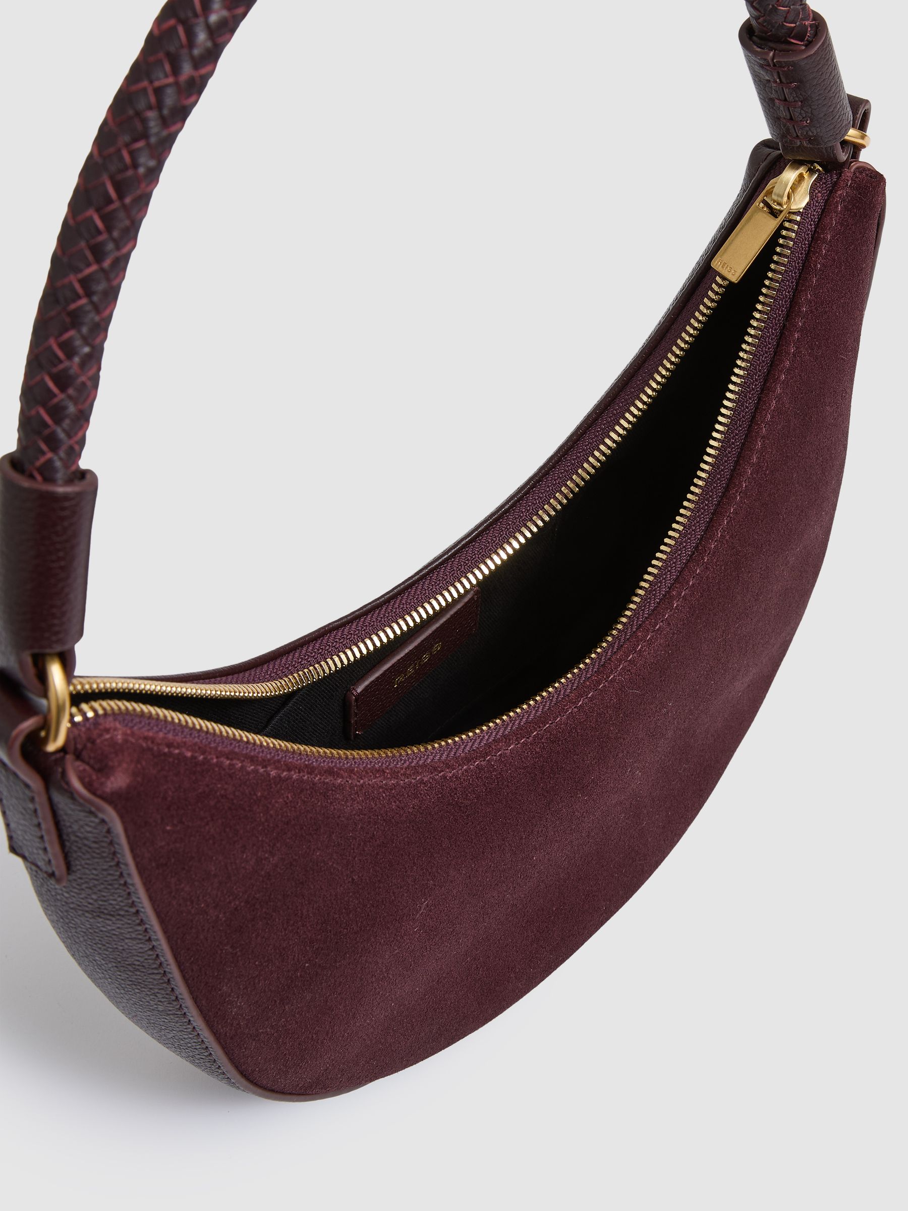 Suede And Leather Half-Moon Shoulder Bag in Oxblood - Image 3 of 6