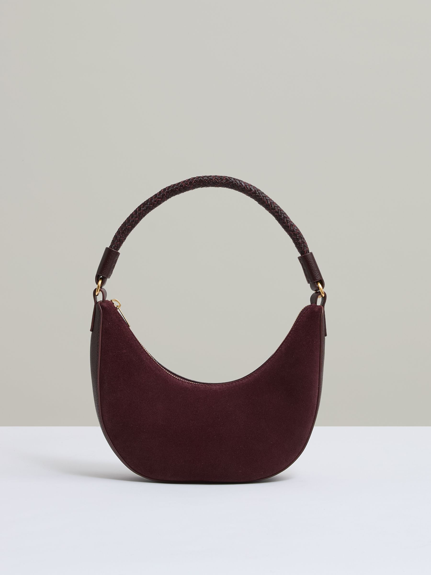 Suede And Leather Half-Moon Shoulder Bag in Oxblood - Image 4 of 6