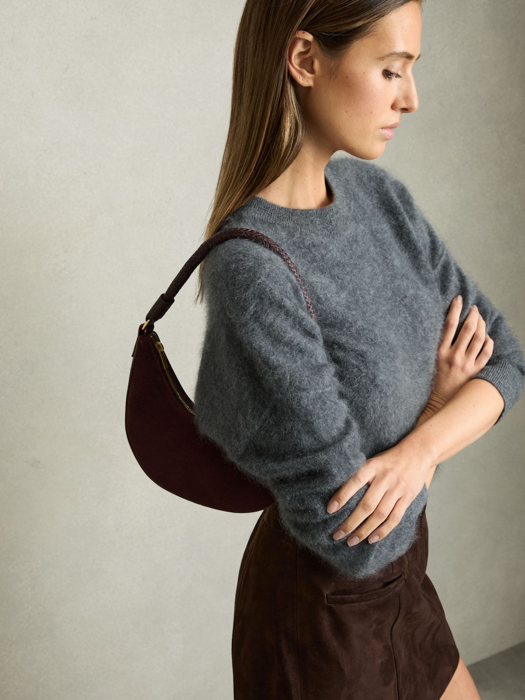 Suede And Leather Half-Moon Shoulder Bag in Oxblood - Image 6 of 6