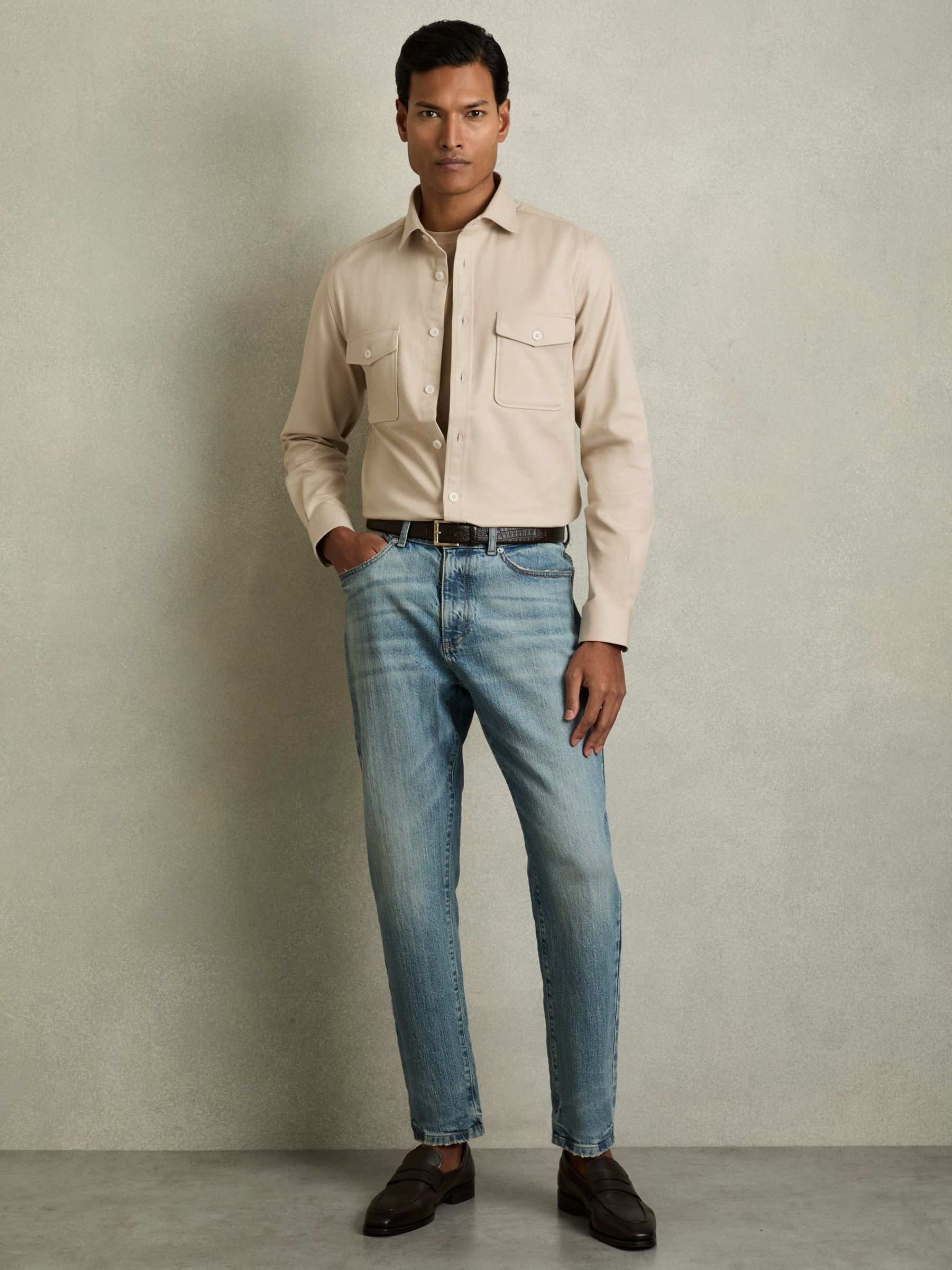 Stretch-Cotton Twill Twin-Pocket Overshirt in Stone - Image 1 of 6