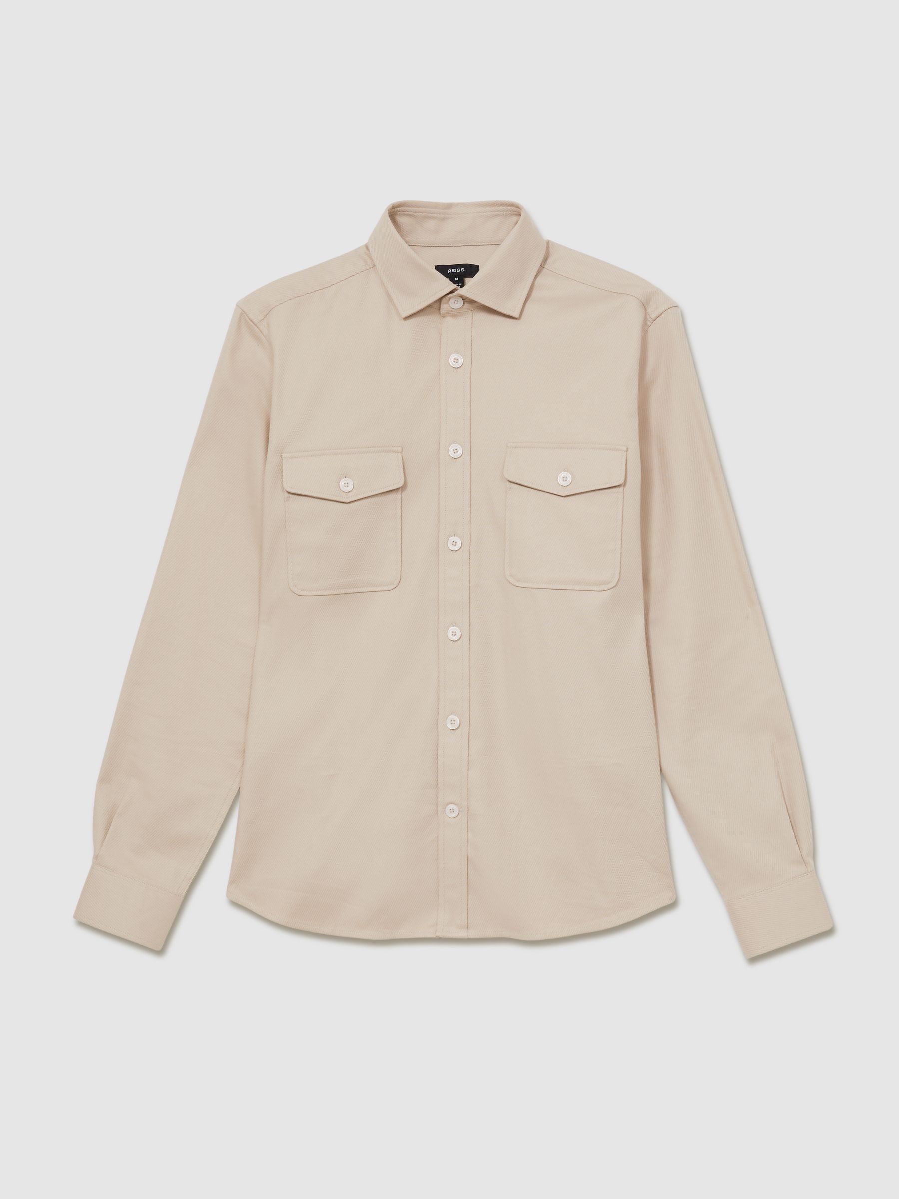 Stretch-Cotton Twill Twin-Pocket Overshirt in Stone - Image 2 of 6