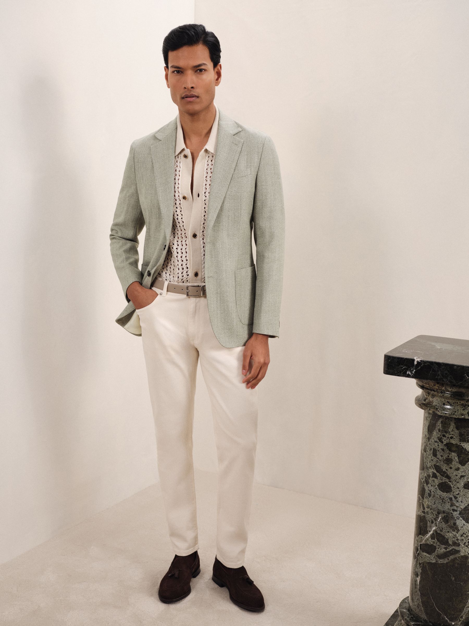 Slim-Fit Single-Breasted Wool-Blend Textured Blazer in Sage Green - image 4