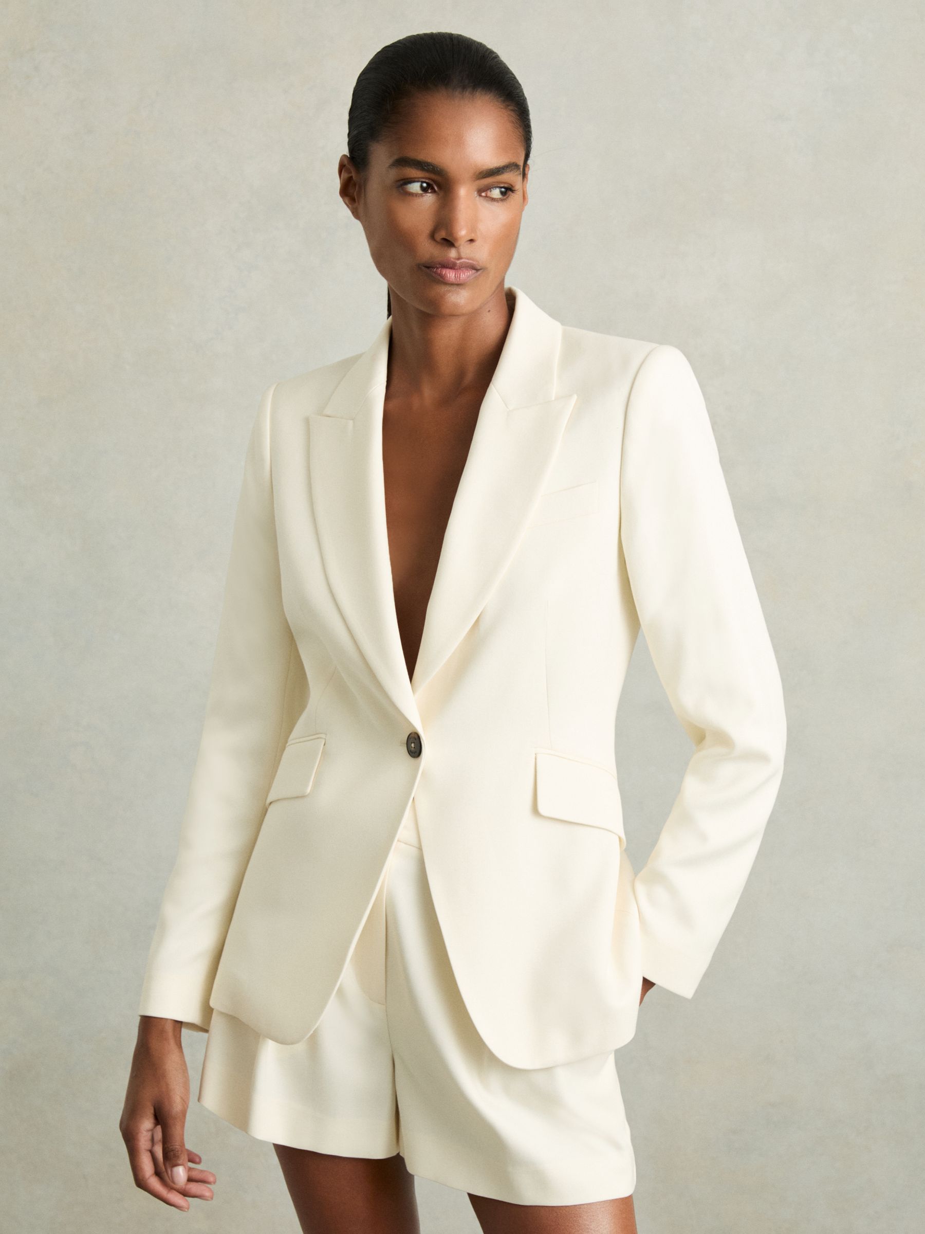 Petite Single-Breasted Peak-Lapel Tailored Blazer in Cream - image 2