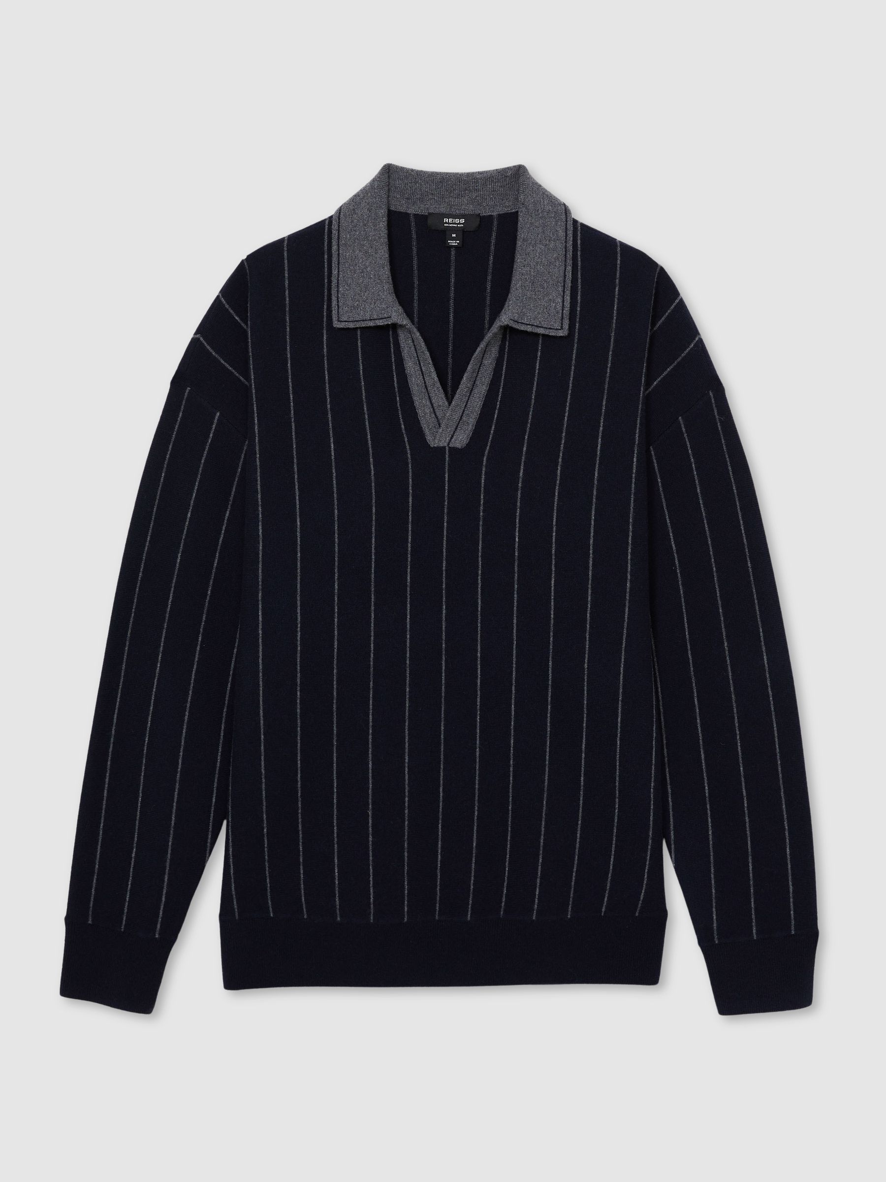 Wool Open-Collar Stripe Polo Shirt in Navy - Image 2 of 6