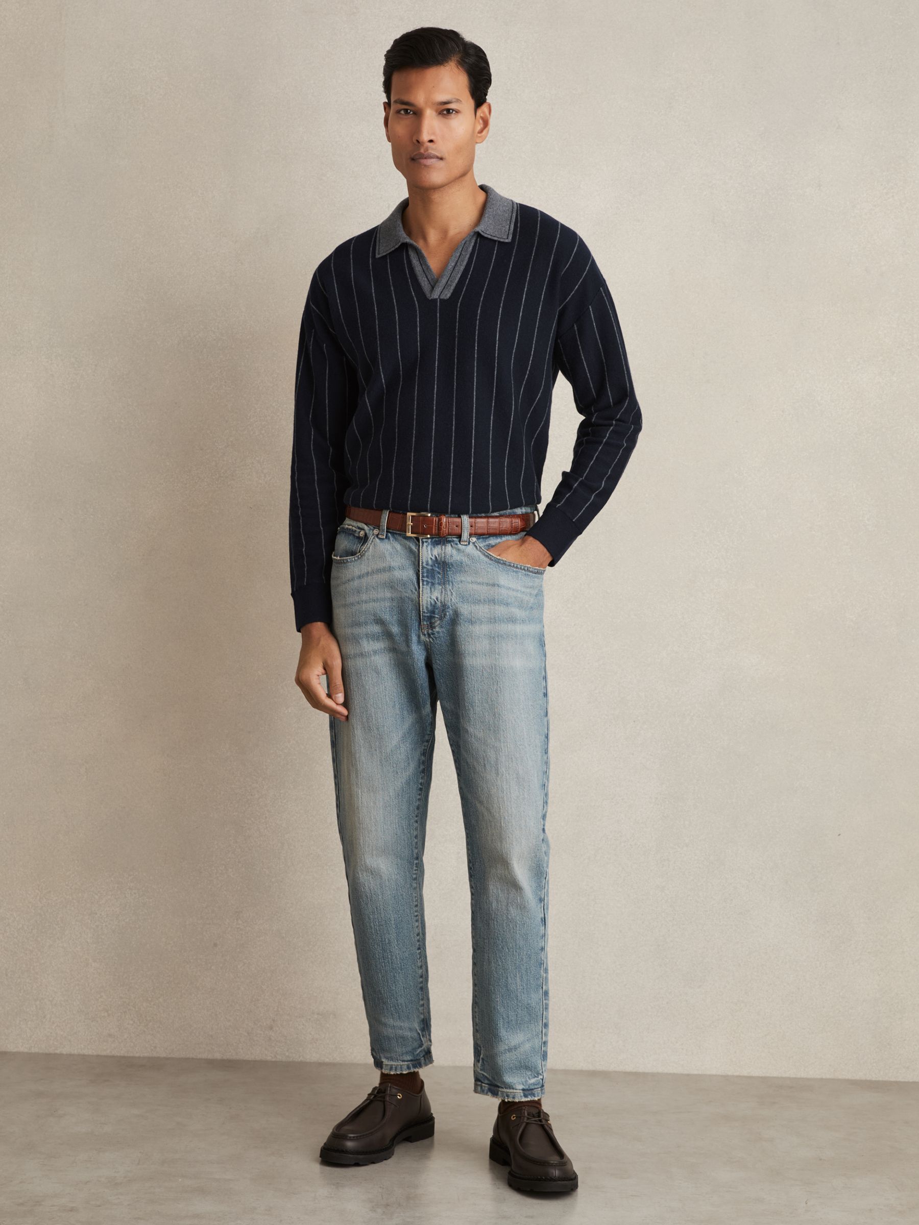 Wool Open-Collar Stripe Polo Shirt in Navy - Image 3 of 6