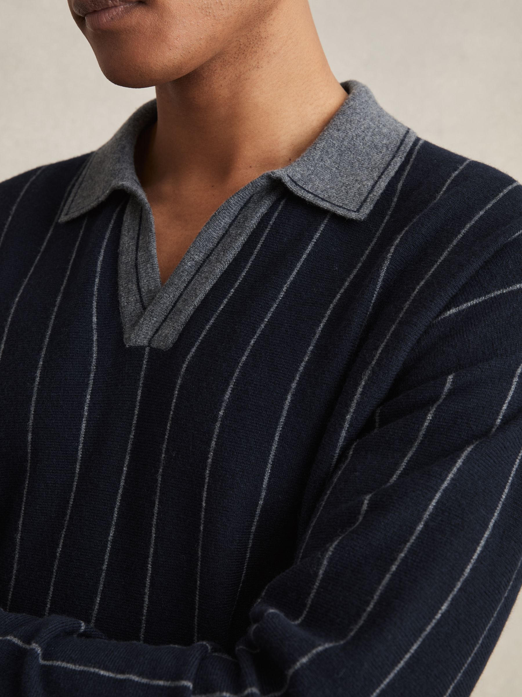 Wool Open-Collar Stripe Polo Shirt in Navy - Image 4 of 6