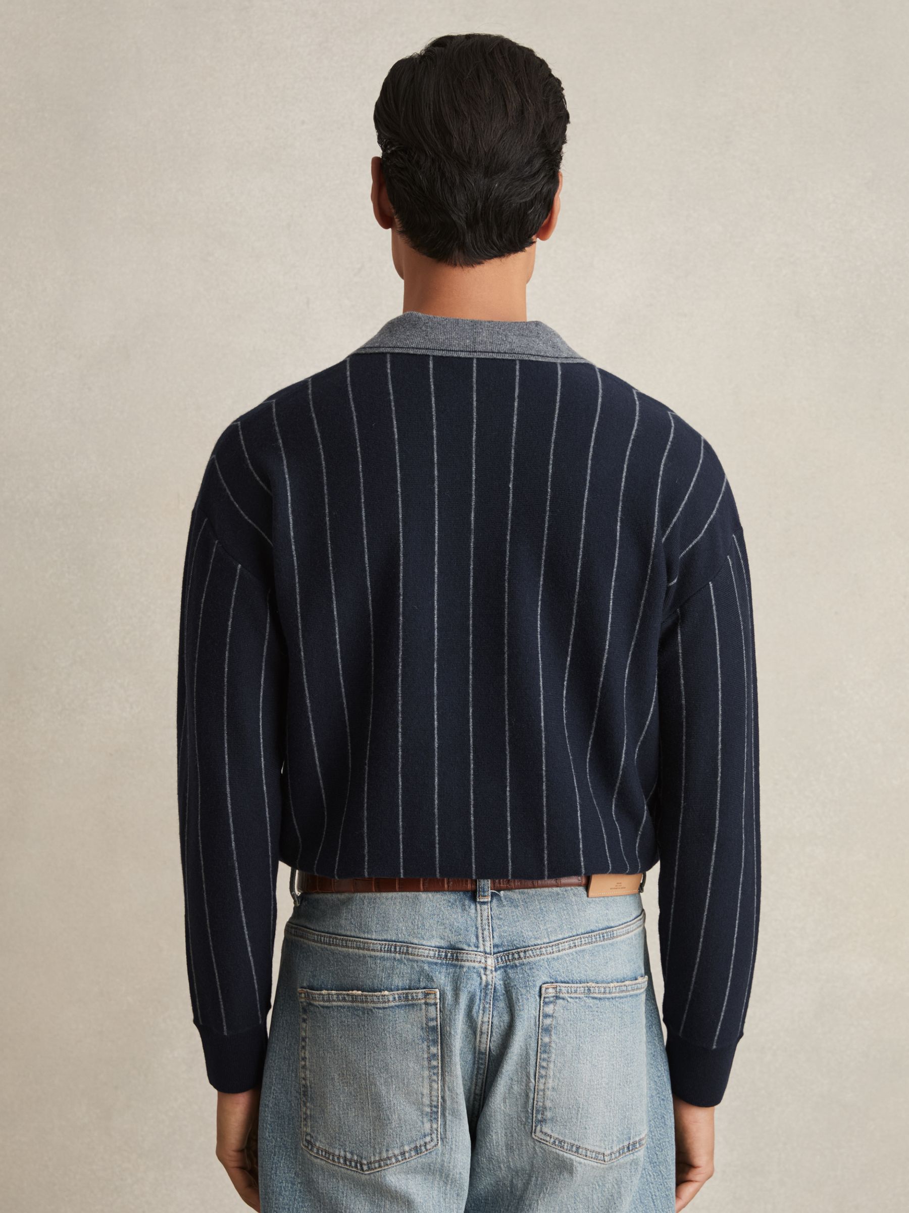 Wool Open-Collar Stripe Polo Shirt in Navy - Image 5 of 6