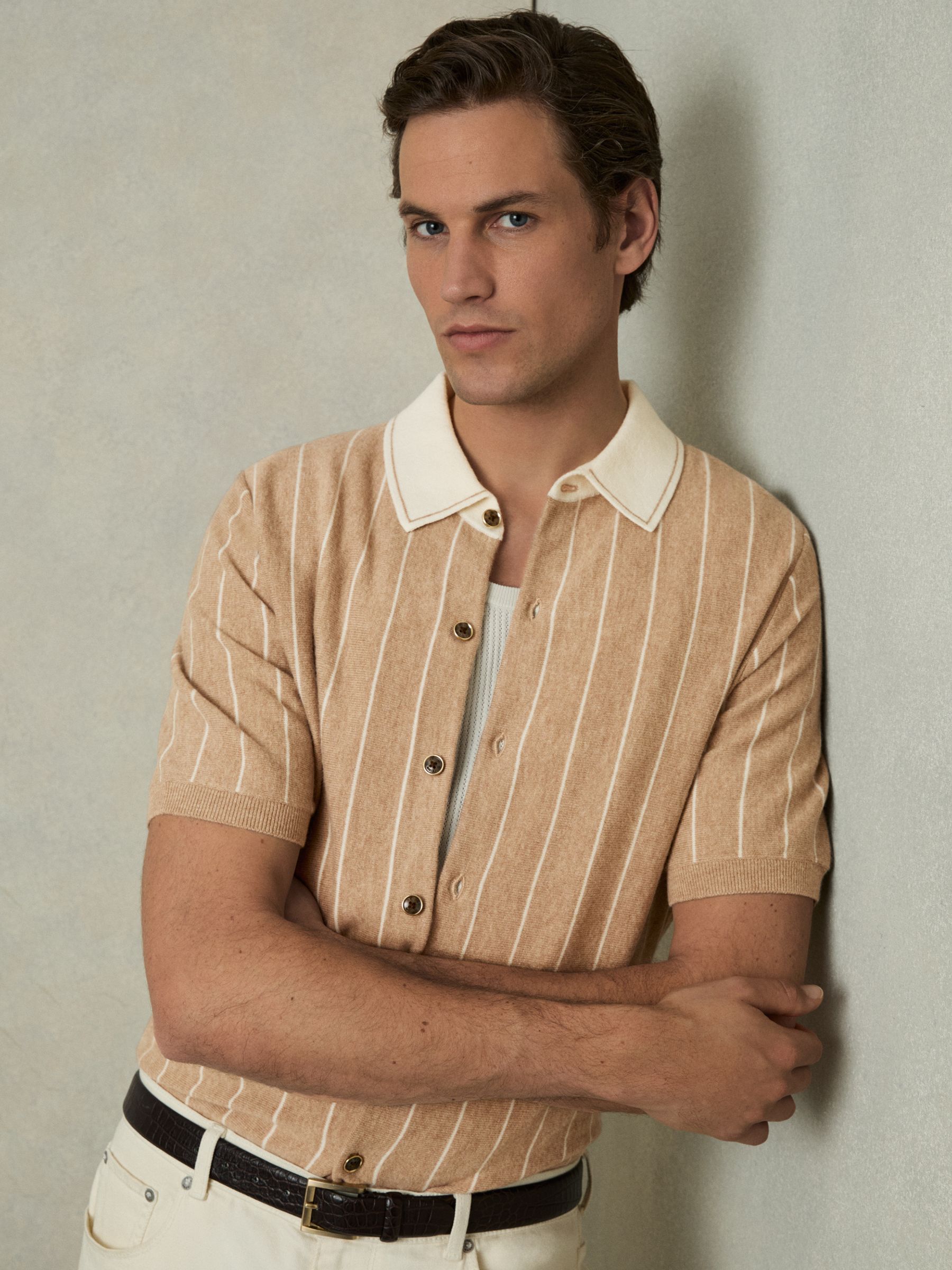 Wool Striped-Knit Short-Sleeve Shirt in Camel - Image 1 of 6