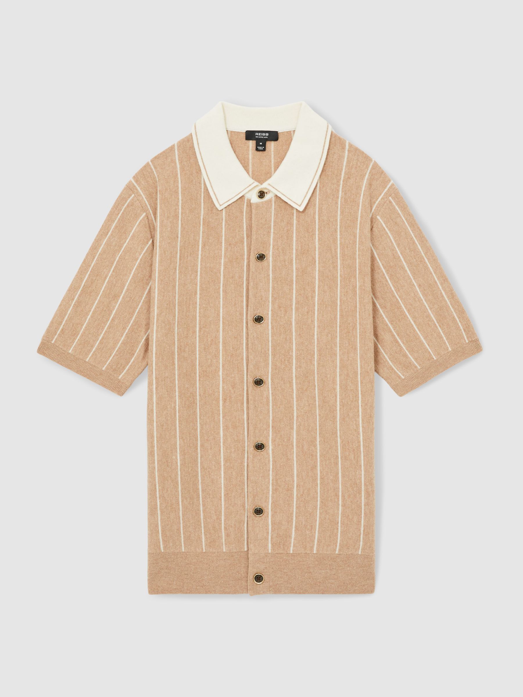 Wool Striped-Knit Short-Sleeve Shirt in Camel - Image 2 of 6