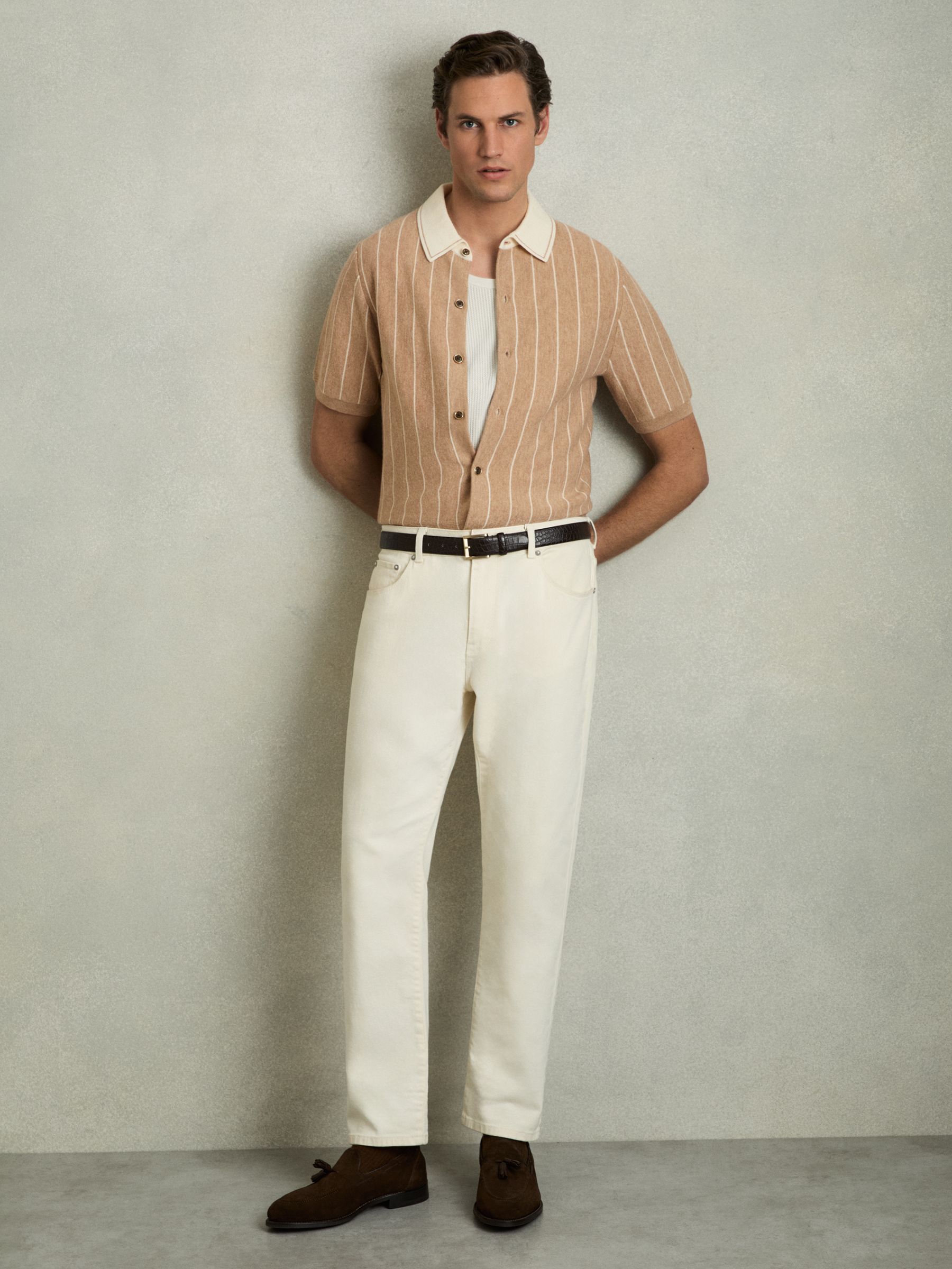Wool Striped-Knit Short-Sleeve Shirt in Camel - Image 3 of 6