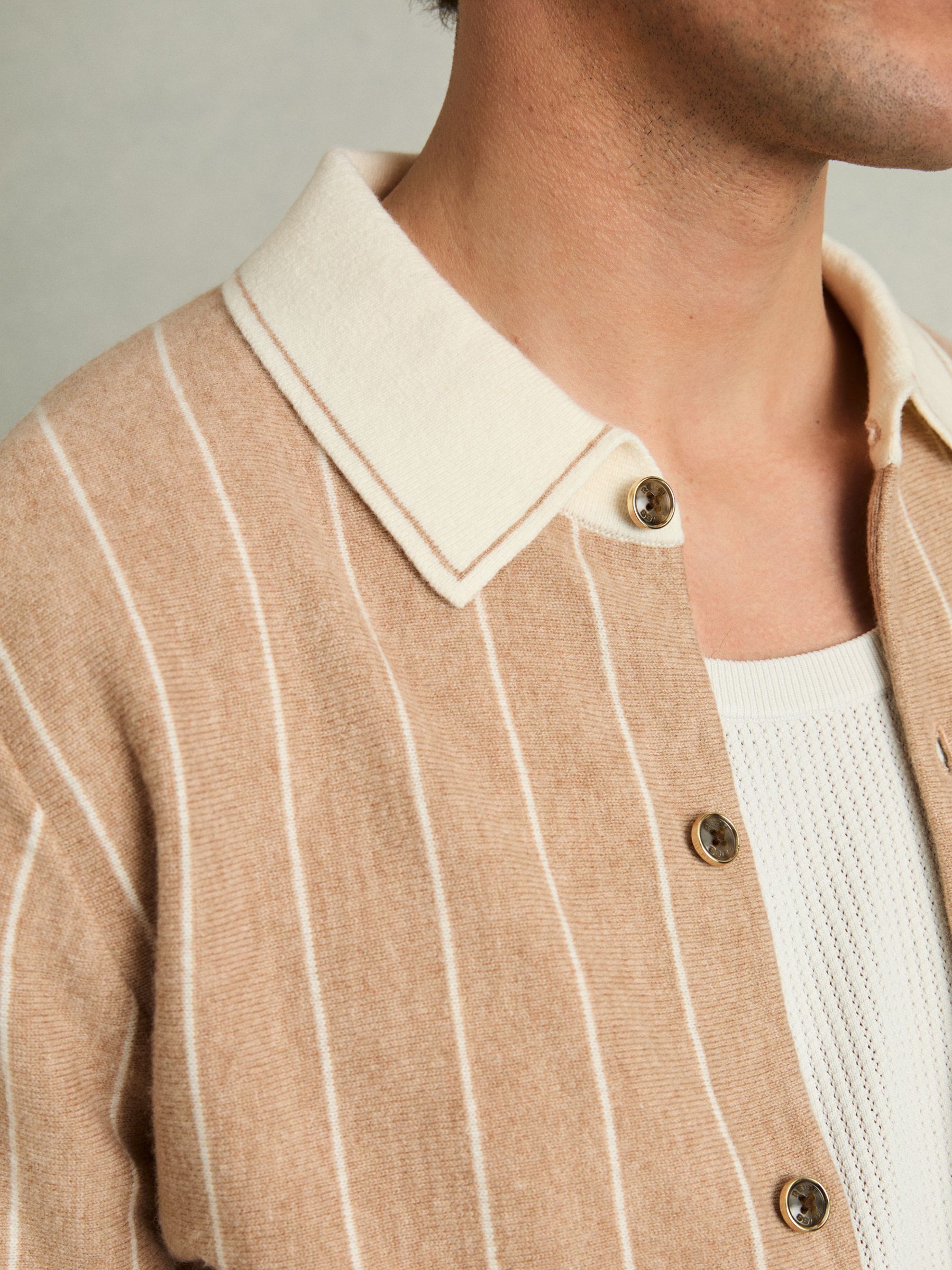 Wool Striped-Knit Short-Sleeve Shirt in Camel - Image 4 of 6