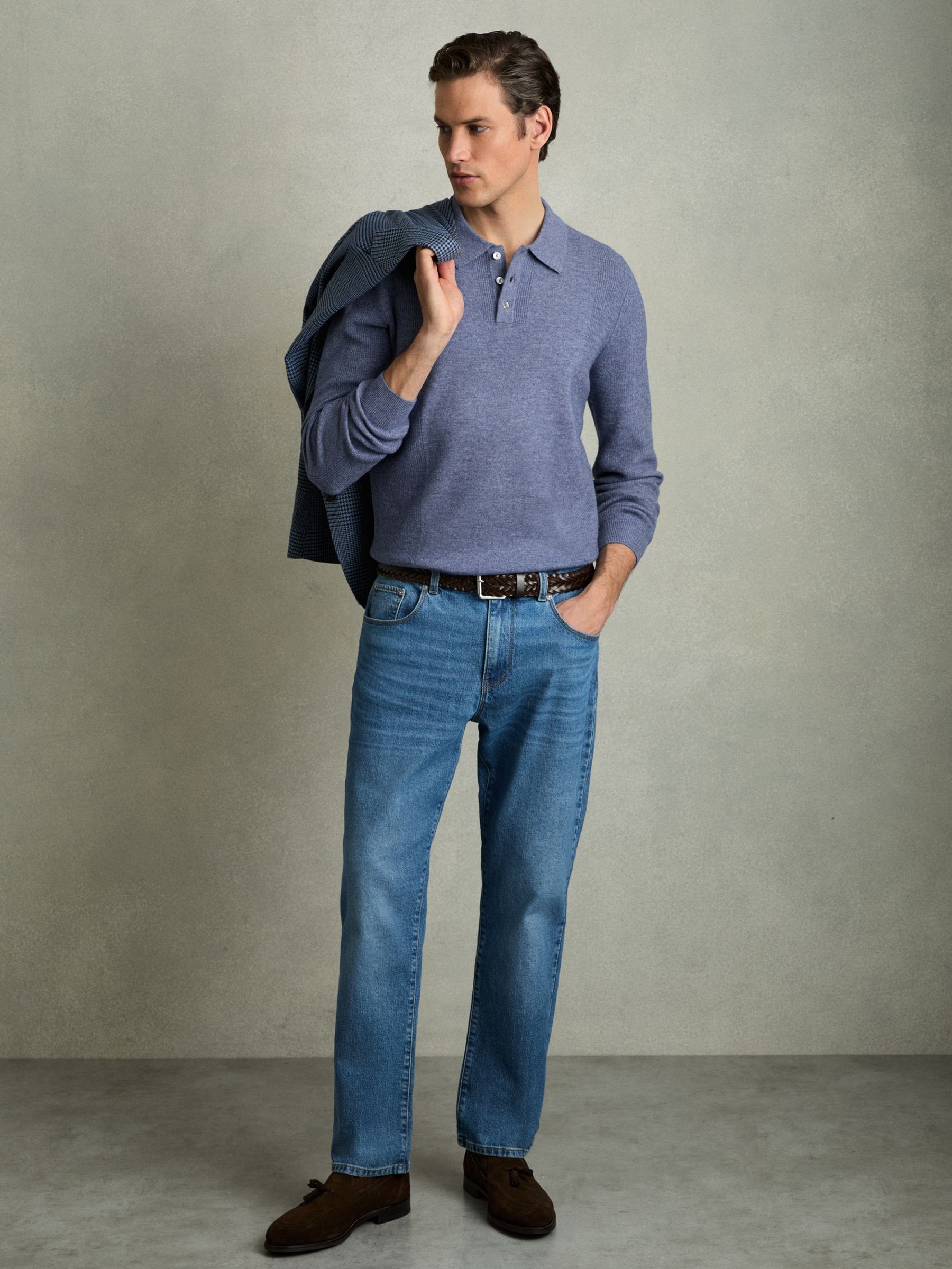 Wool Textured Long Sleeve Polo Shirt in Soft Blue - Image 3 of 6
