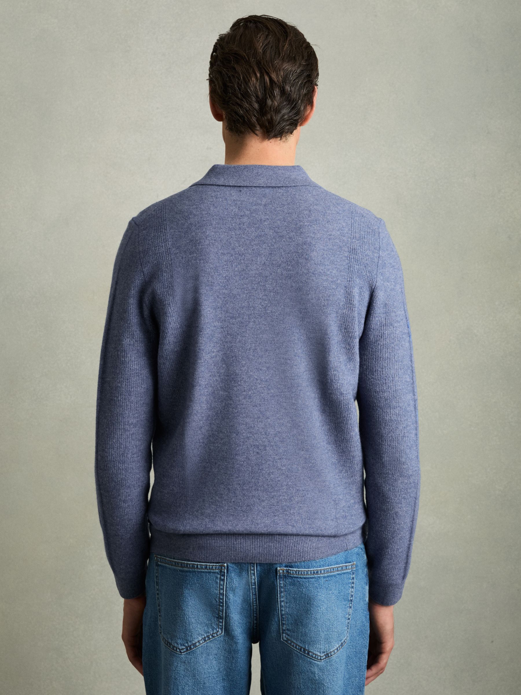 Wool Textured Long Sleeve Polo Shirt in Soft Blue - Image 5 of 6