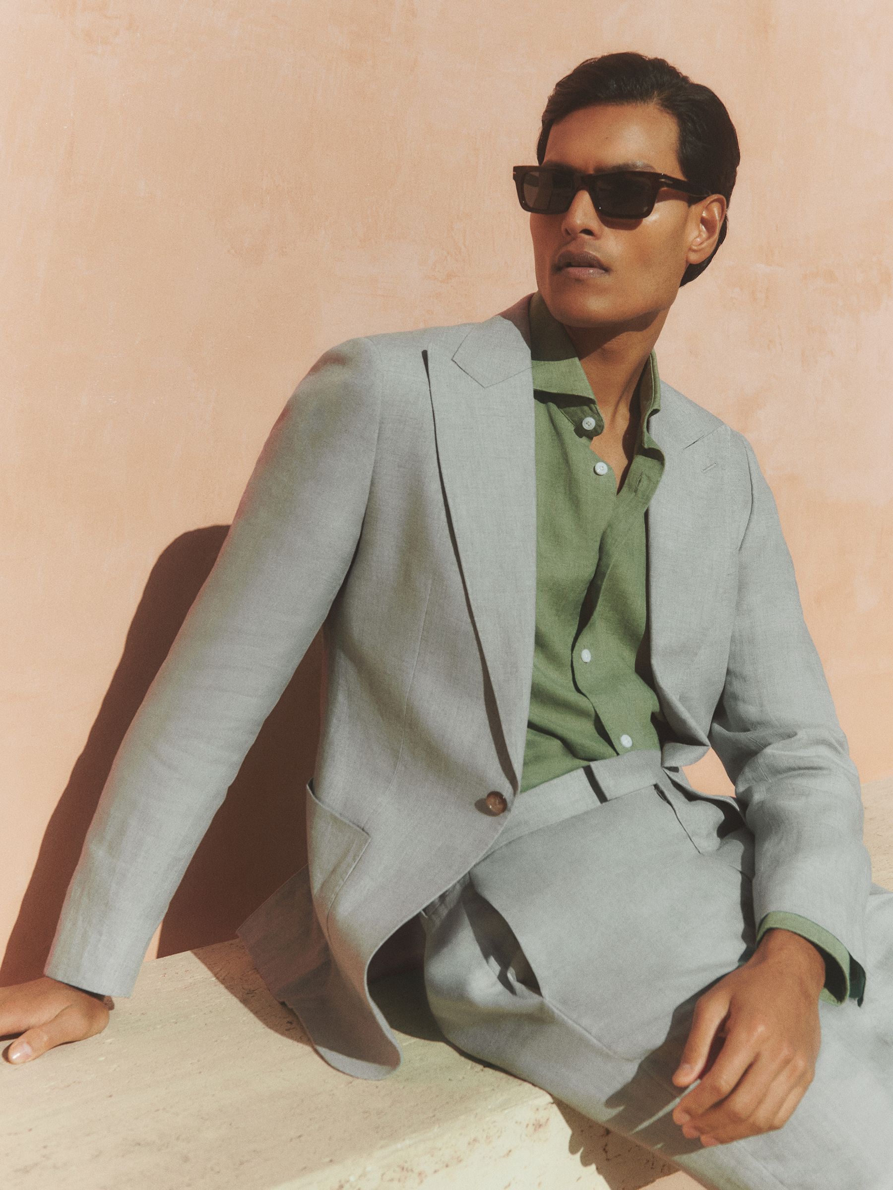 Linen Single-Breasted Suit Blazer Slim-Fit in Ocean Green - Image 1 of 9
