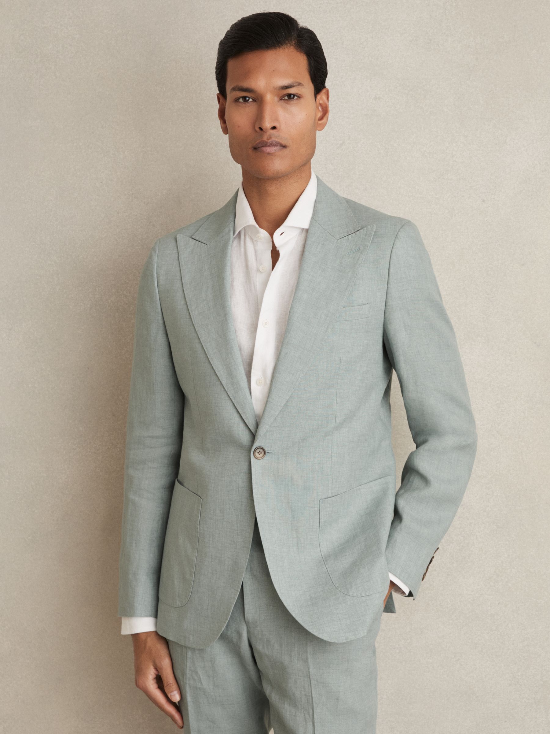 Linen Single-Breasted Suit Blazer Slim-Fit in Ocean Green - Image 3 of 9