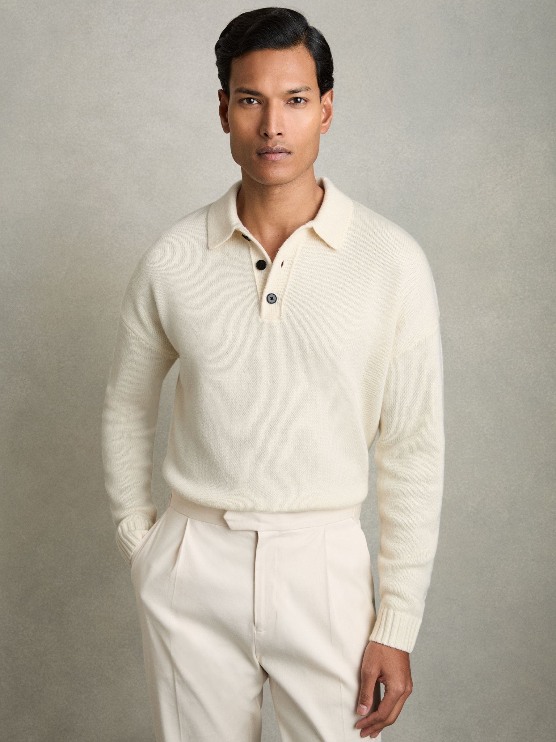 Wool Blend Long Sleeve Polo Shirt in Off White - Image 1 of 6