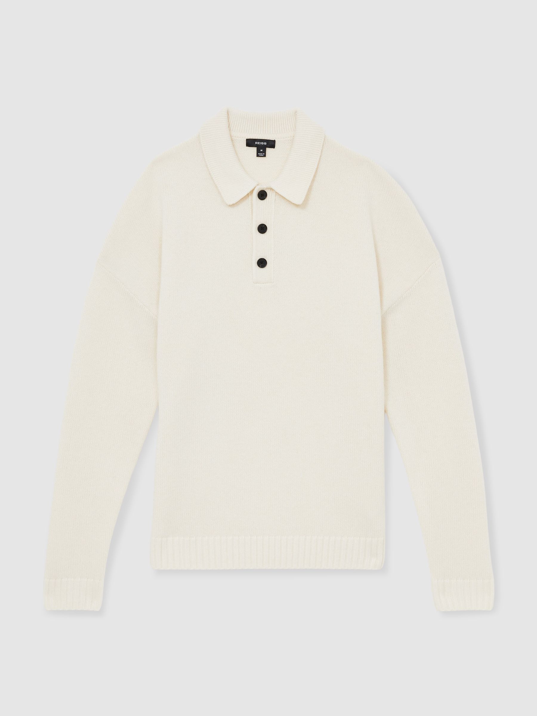 Wool Blend Long Sleeve Polo Shirt in Off White - Image 2 of 6