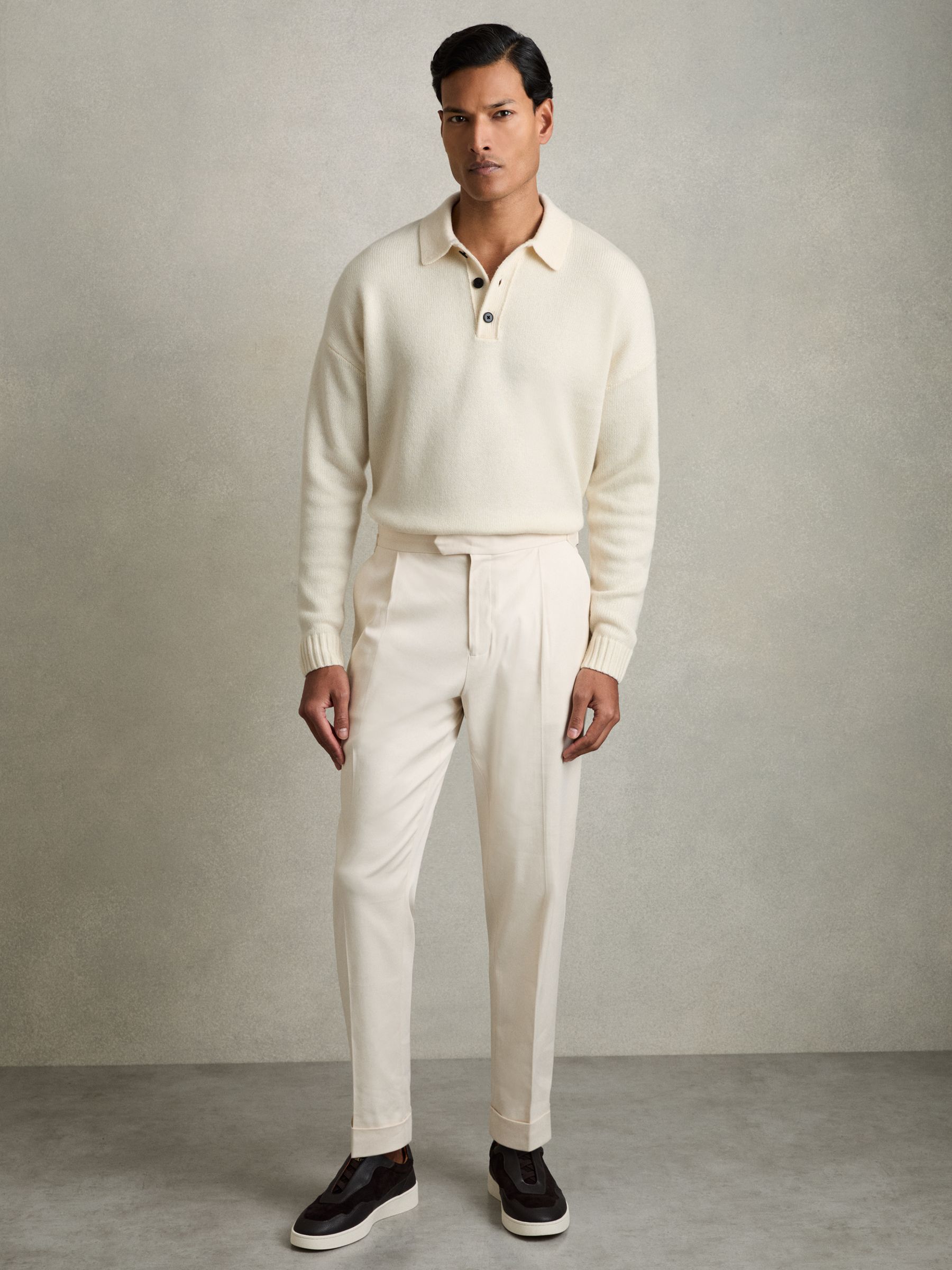Wool Blend Long Sleeve Polo Shirt in Off White - Image 3 of 6