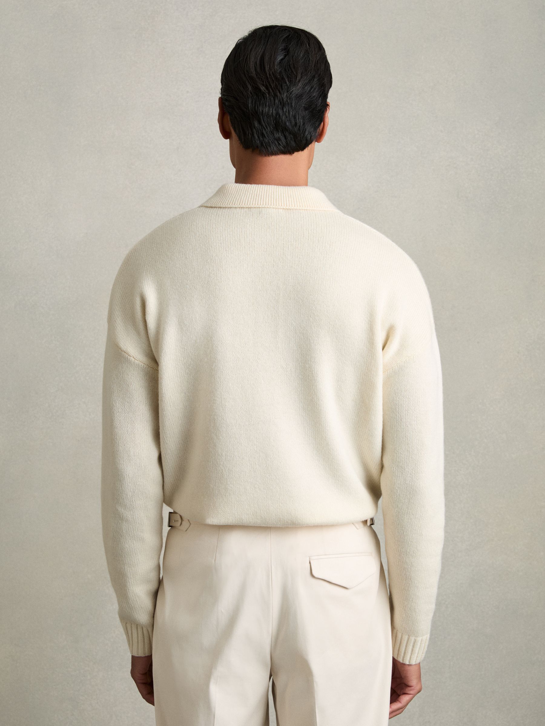 Wool Blend Long Sleeve Polo Shirt in Off White - Image 5 of 6