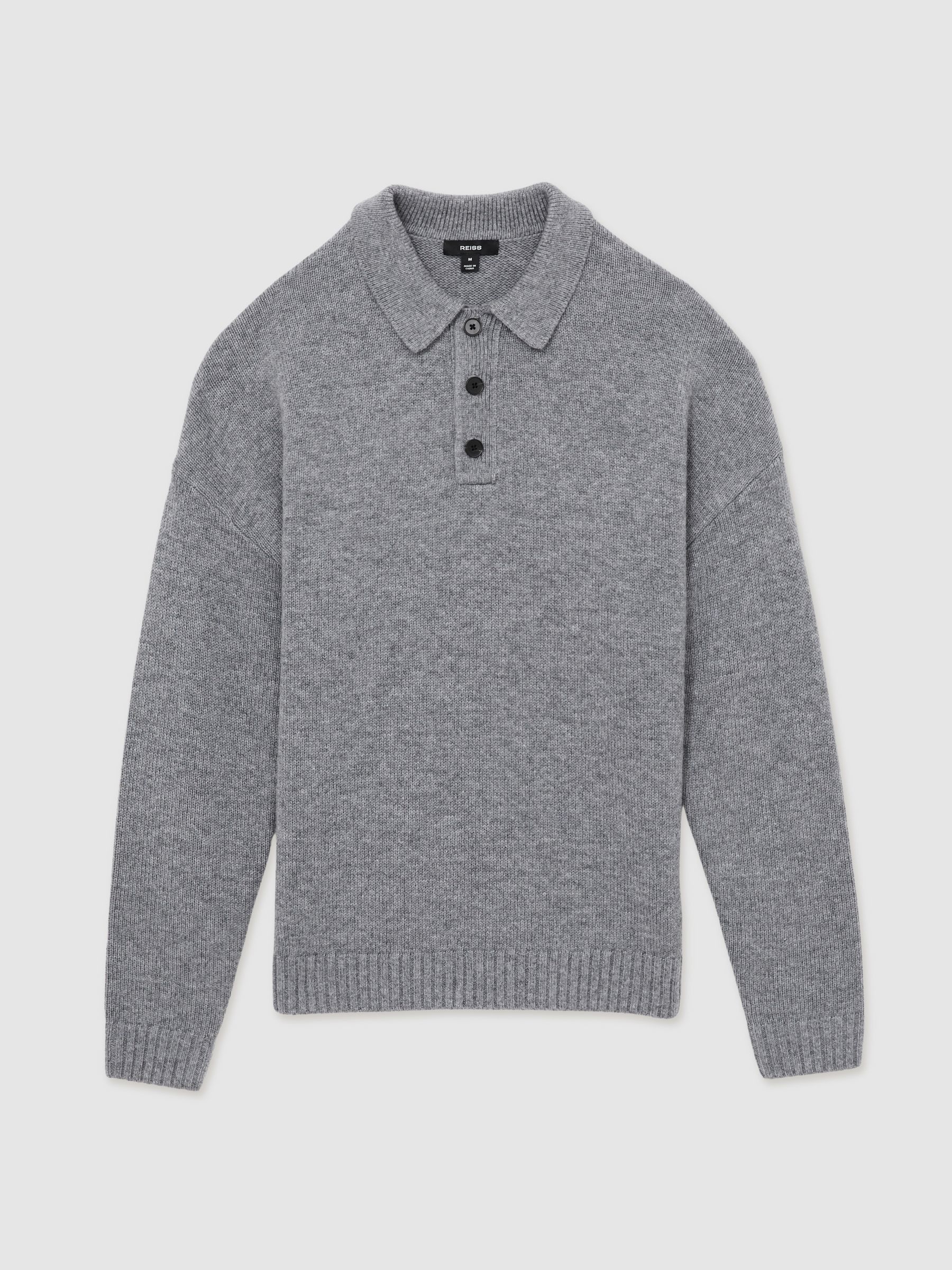Wool Blend Long Sleeve Polo Shirt in Grey Melange - Image 2 of 6