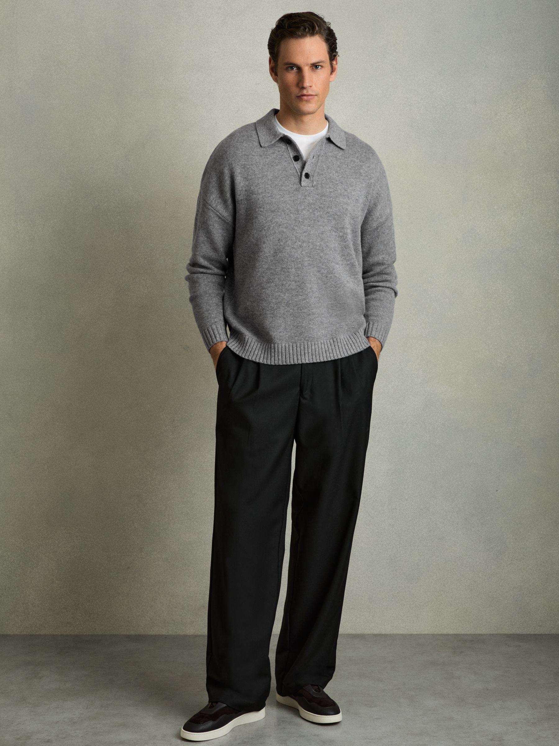 Wool Blend Long Sleeve Polo Shirt in Grey Melange - Image 3 of 6