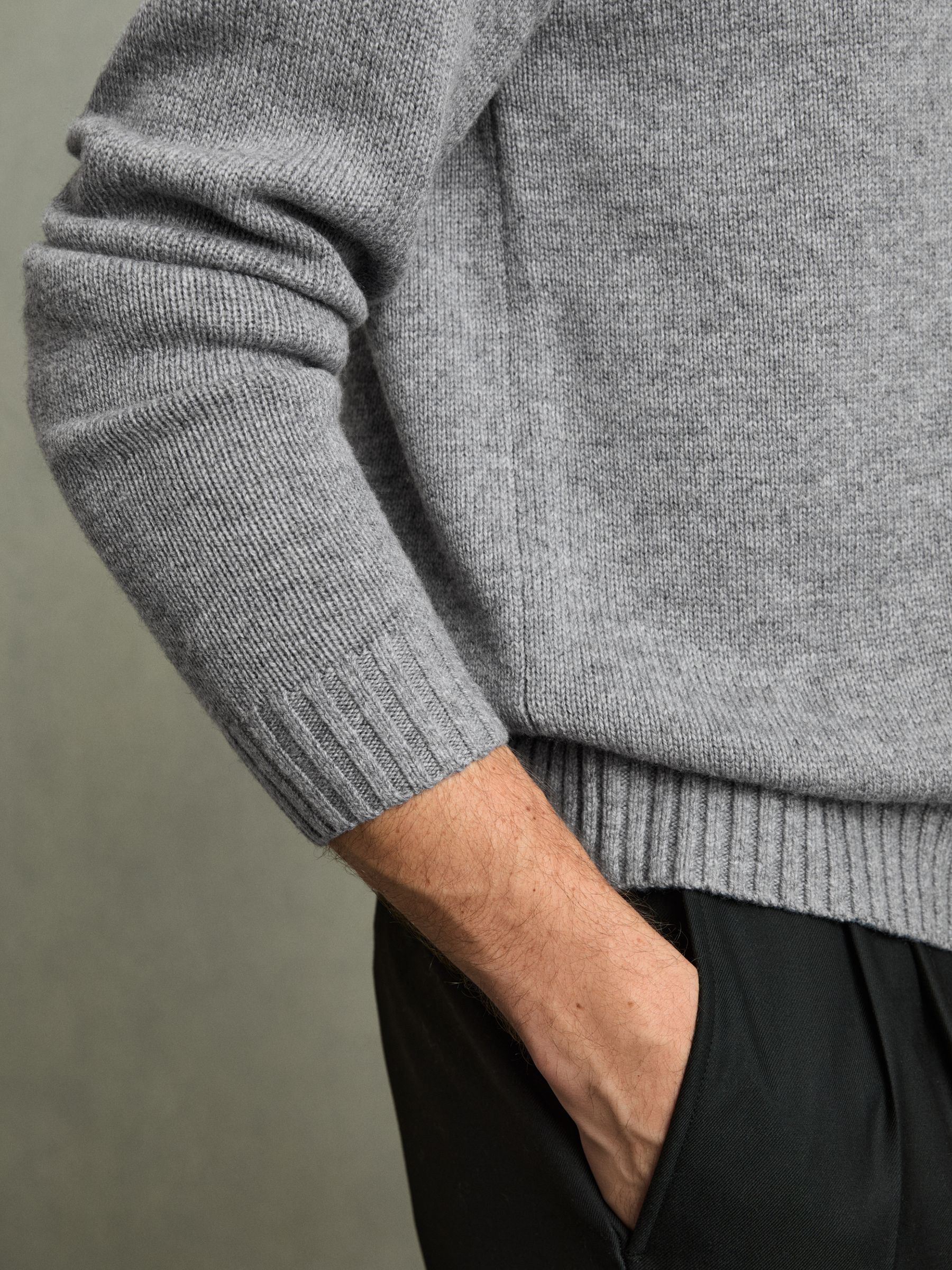Wool Blend Long Sleeve Polo Shirt in Grey Melange - Image 4 of 6