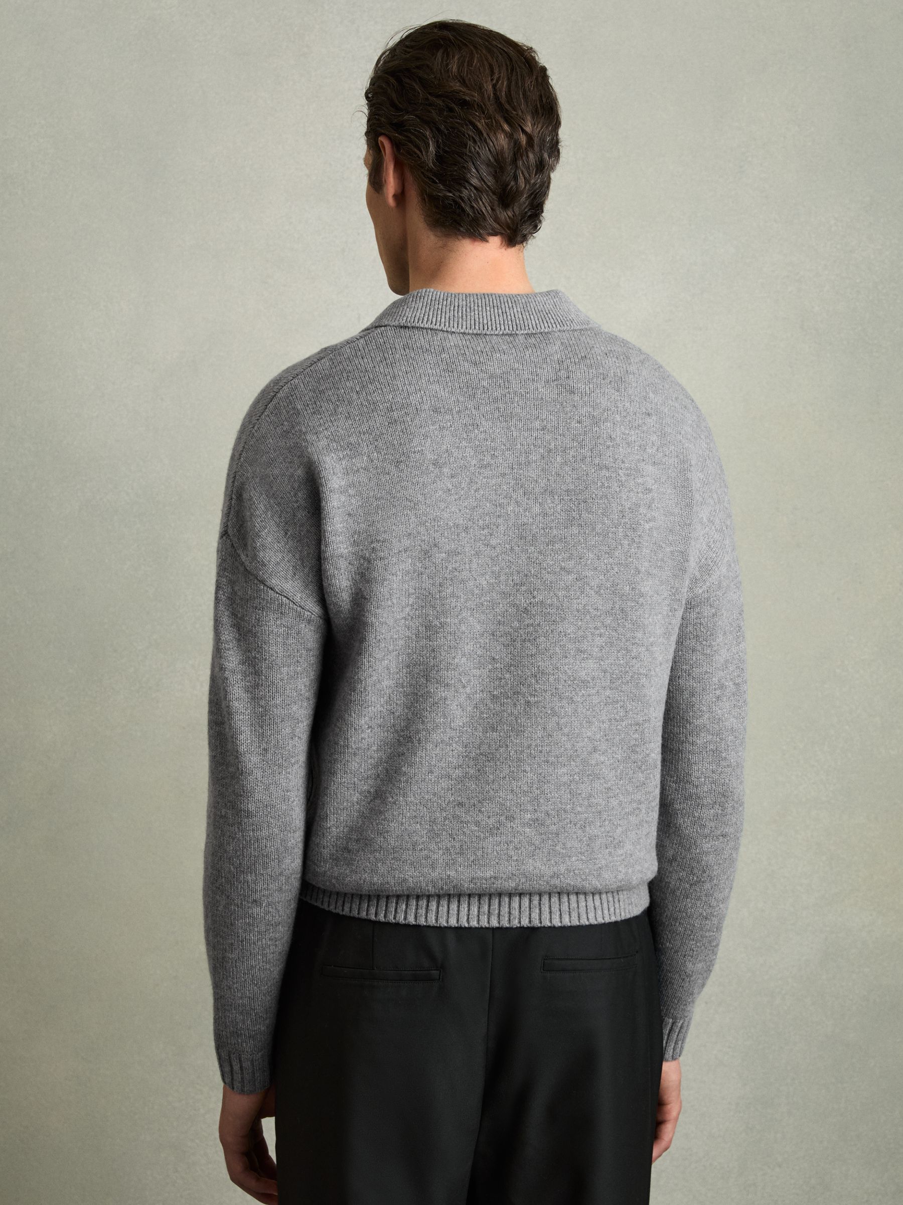 Wool Blend Long Sleeve Polo Shirt in Grey Melange - Image 5 of 6