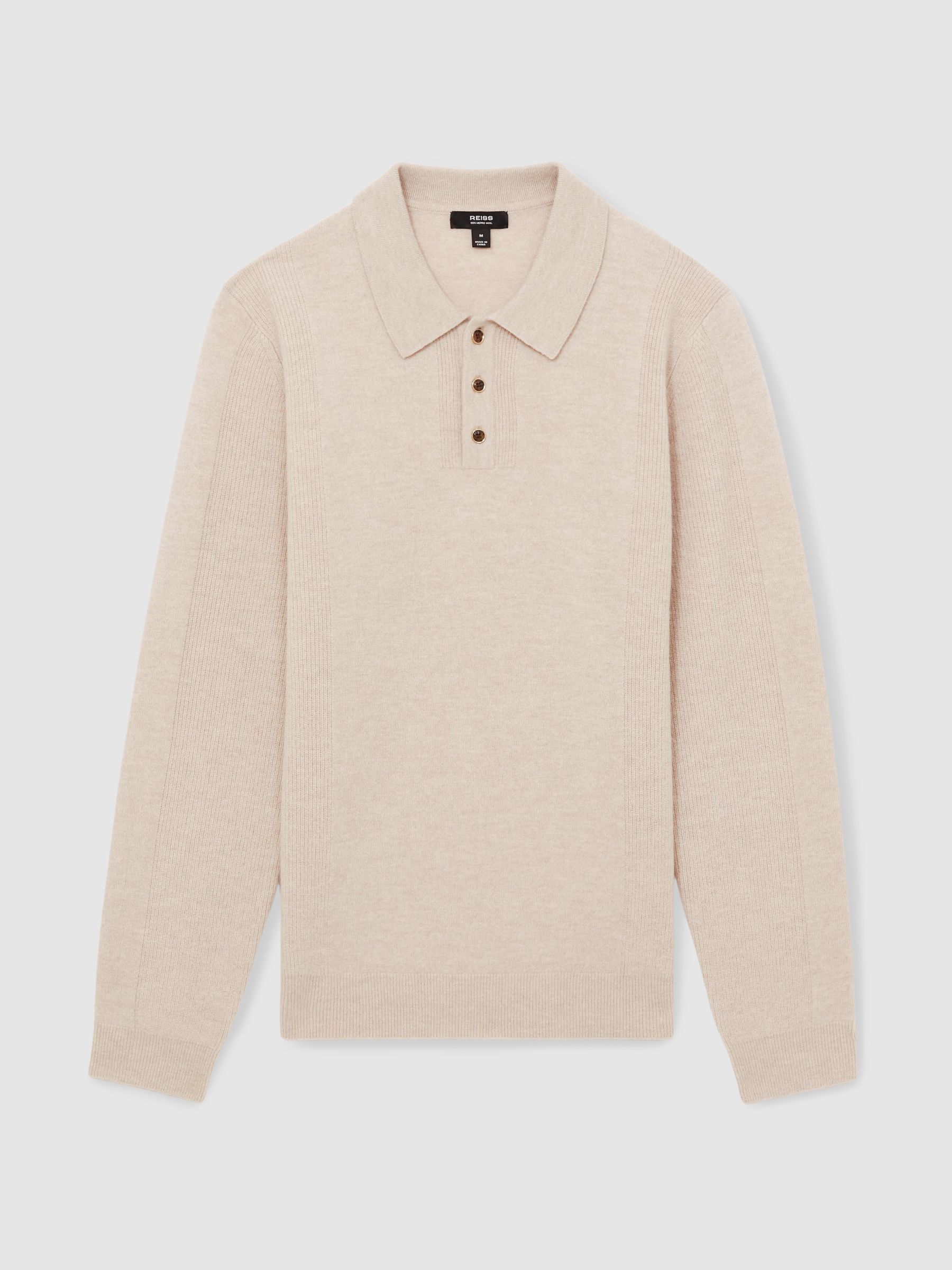 Wool Textured Long Sleeve Polo Shirt in Oatmeal - Image 2 of 7