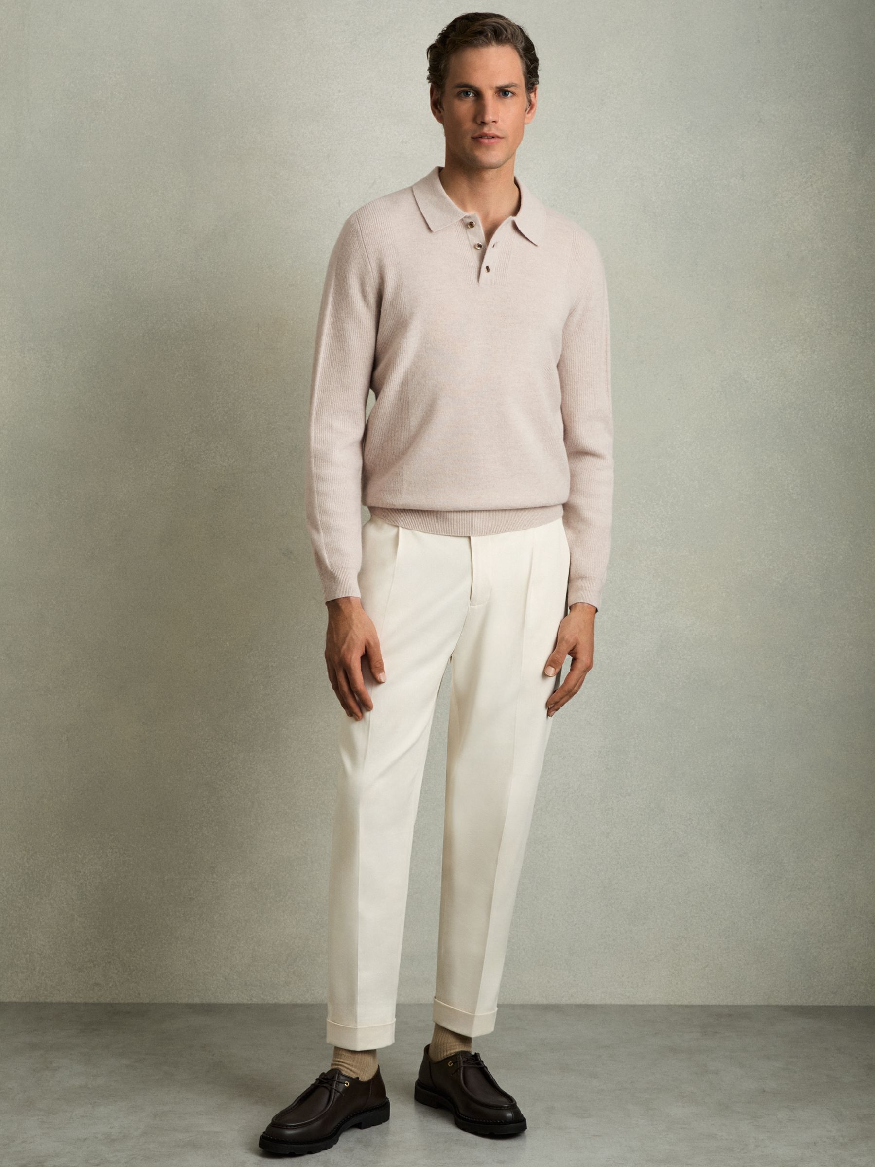 Wool Textured Long Sleeve Polo Shirt in Oatmeal - Image 3 of 7